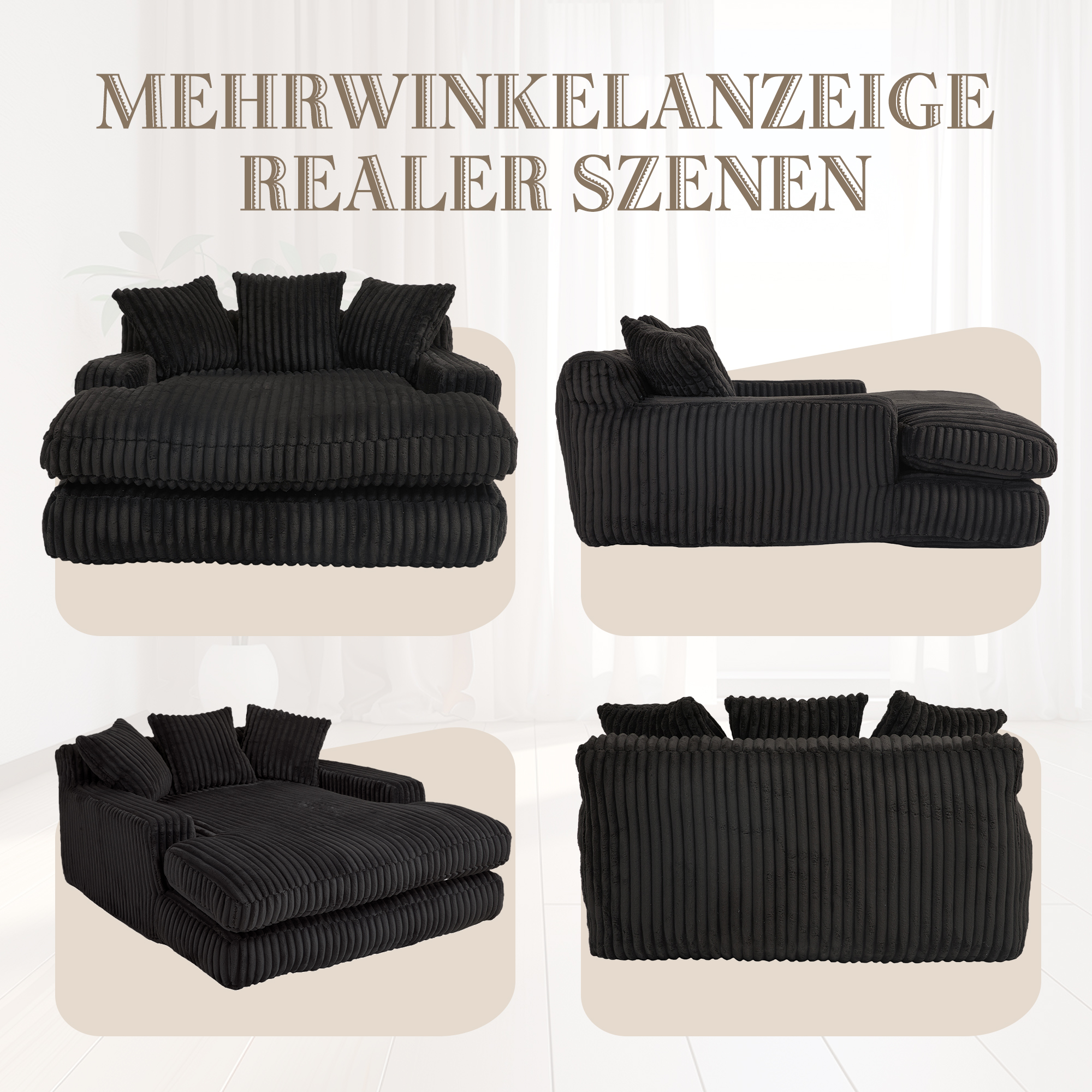 Canapé compact 2 places en velours côtelé noir pour salon et bureau, sans montage, 3 coussins inclus
