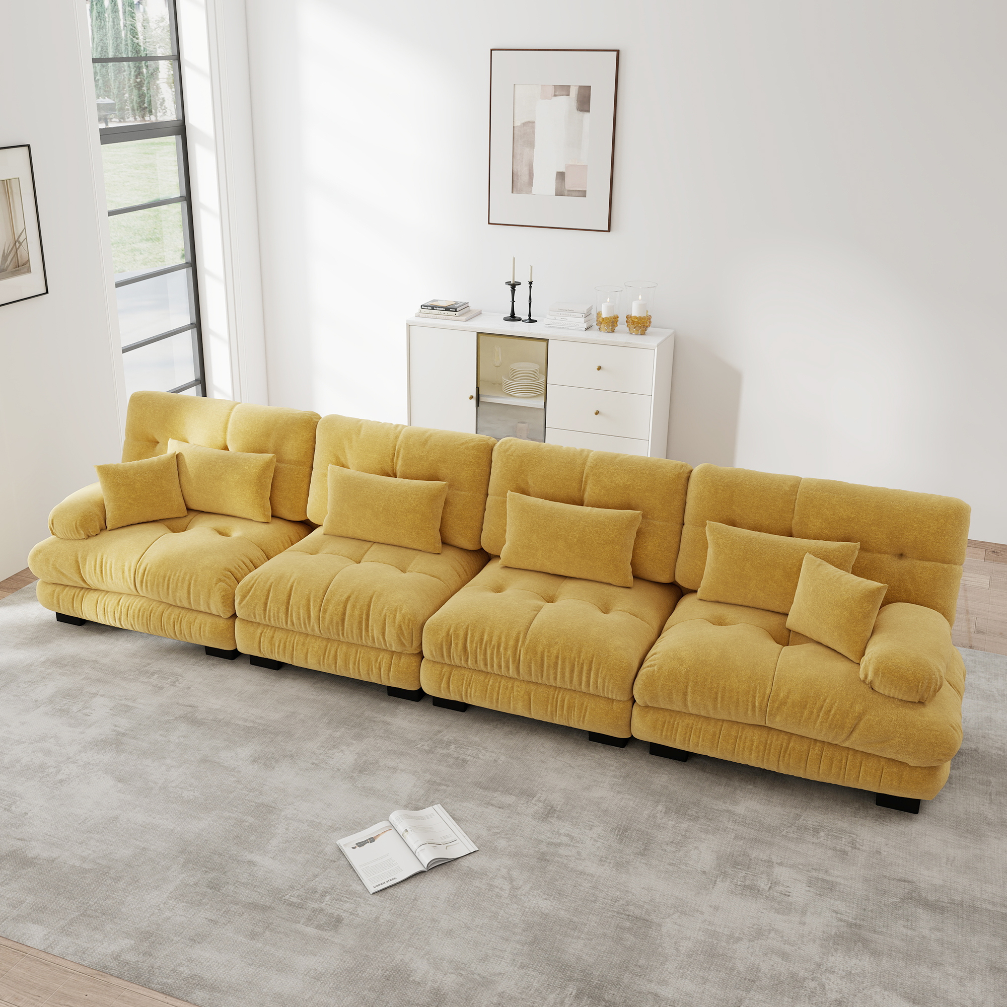 Canapé Modulable 4 Places Style Vintage Chic Chenille Jaune Profondeur Assise Confortable Salon Studio Appartement