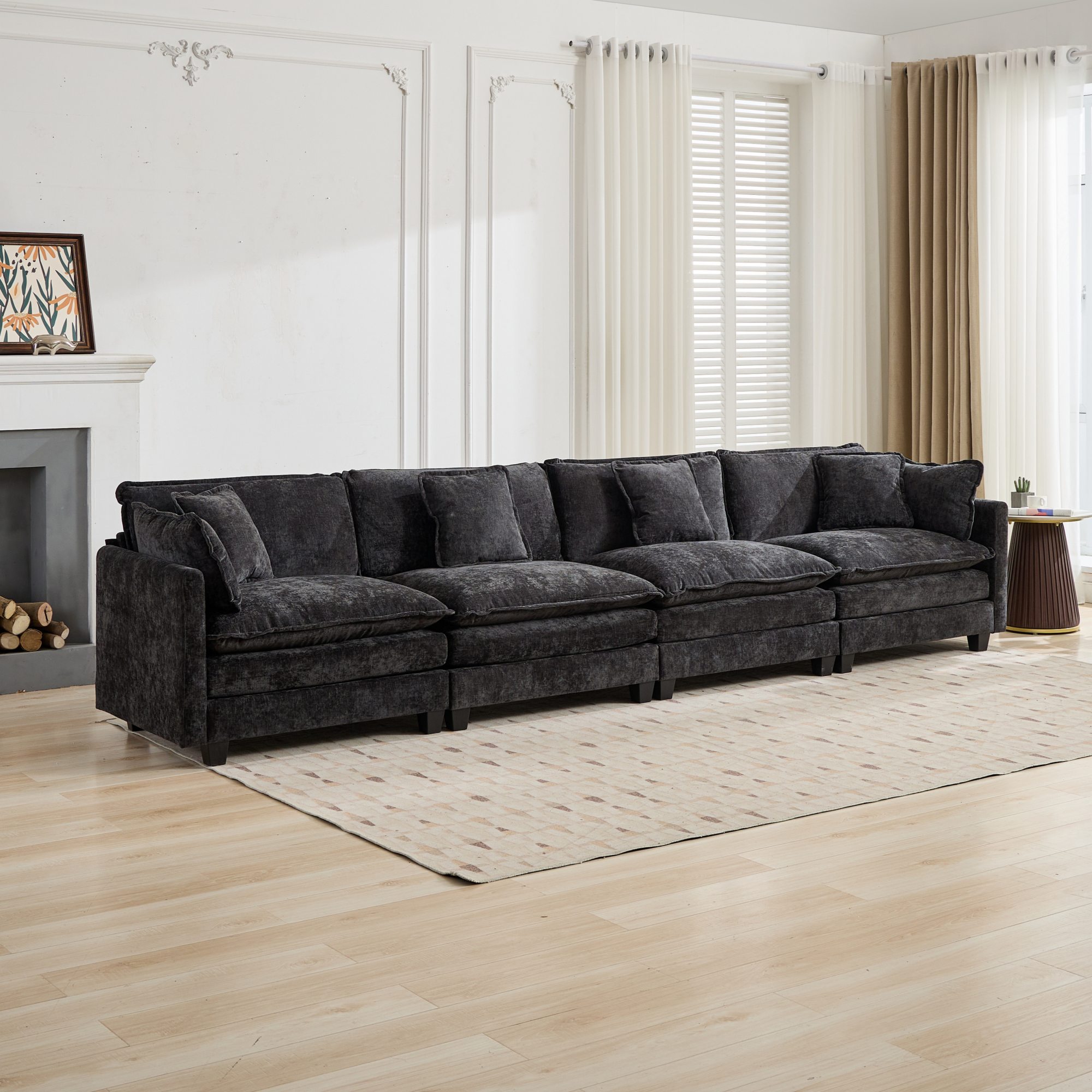 Canapé 4 places en chenille noire, canapé modulable avec coussins d'appui pour salon et appartement