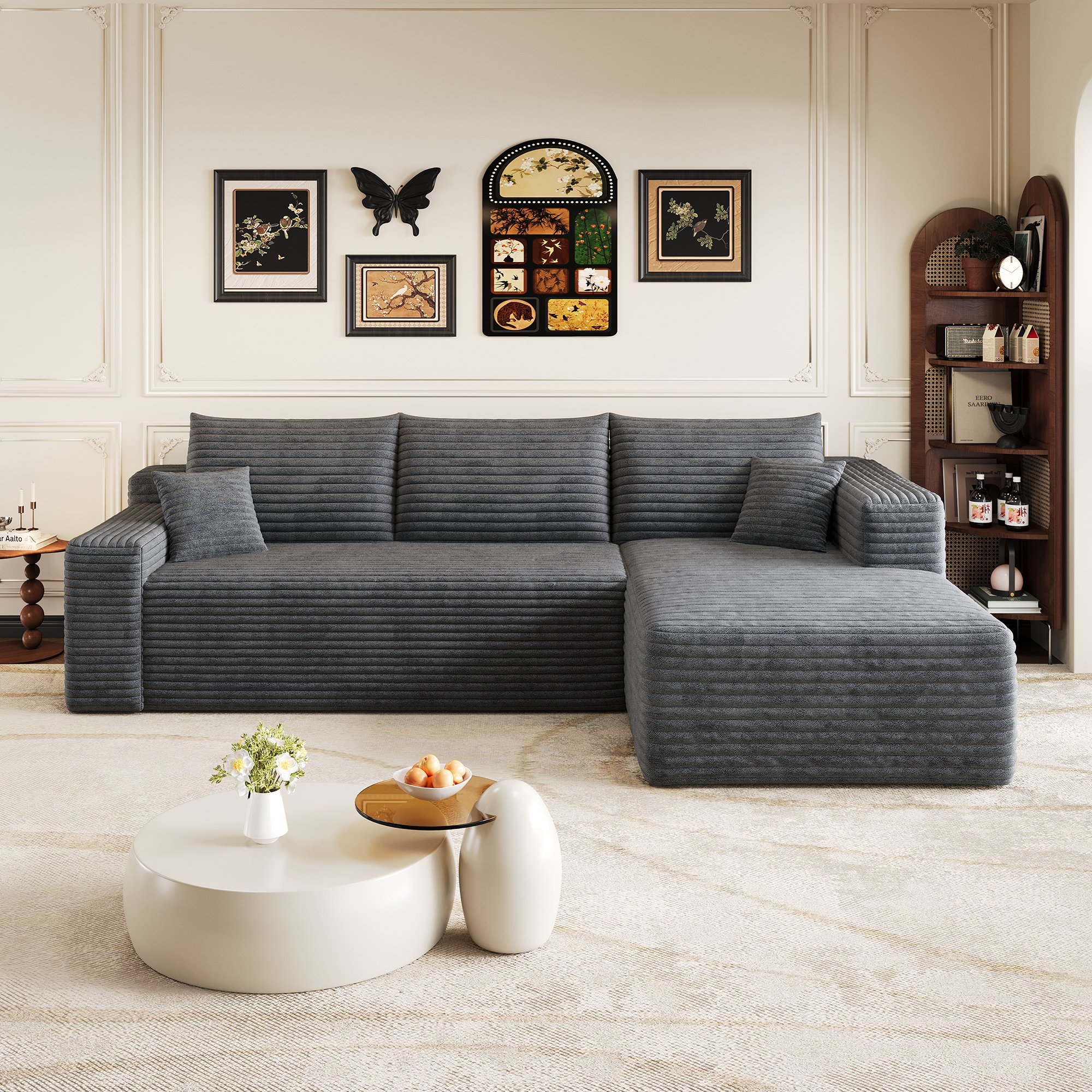 Grand canapé d'angle 241cm largeur x 151cm profondeur, assise basse et large, tissu côtelé gris, prêt à l'usage sans assemblage