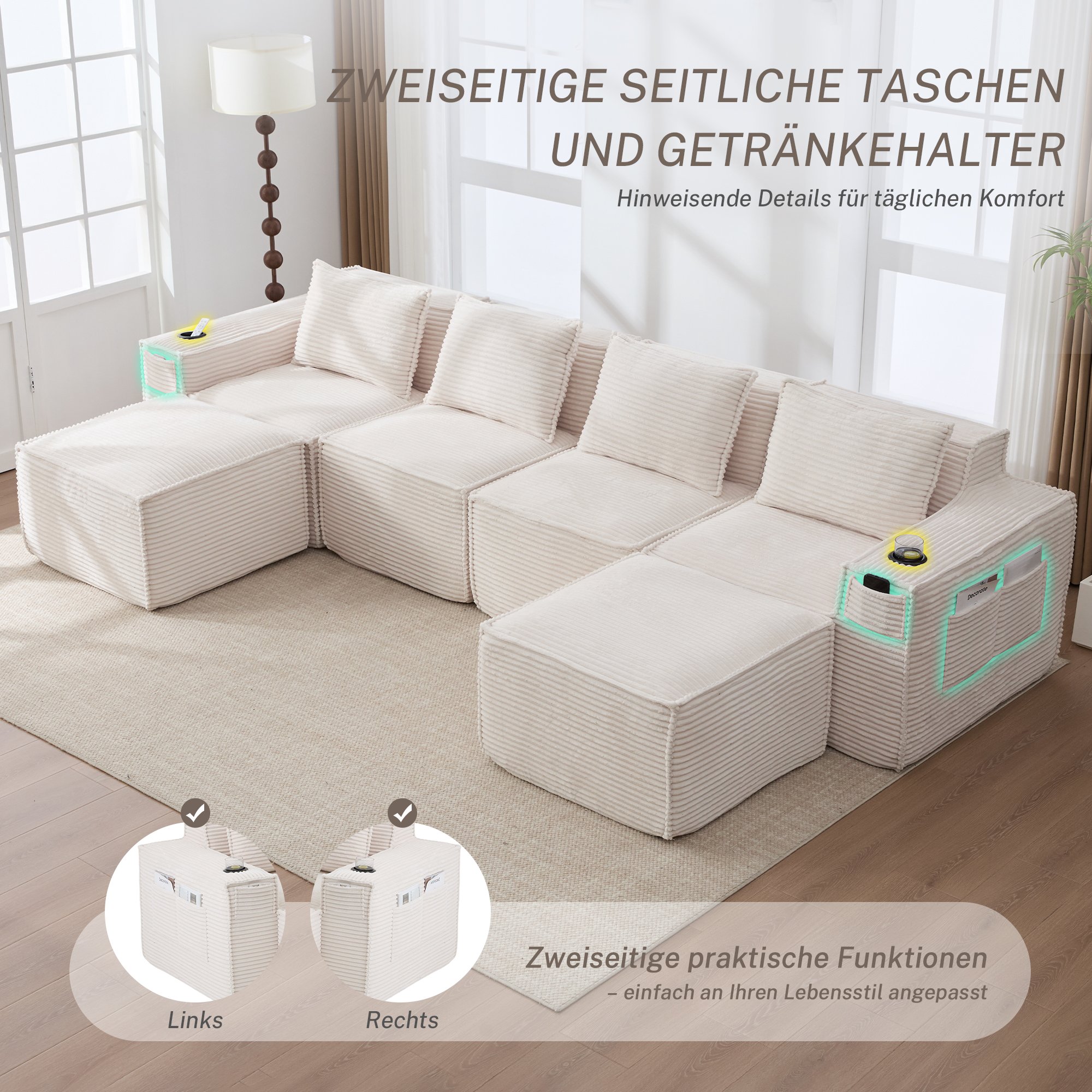 Canapé modulable avec poufs et rangements pratiques, tissu côtelé doux, idéal pour home office ou détente grâce au soutien lombaire