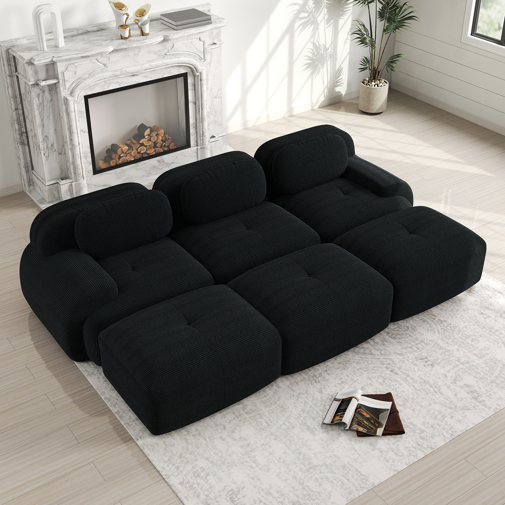 Canapé d'angle 3 places 298x178x70 cm, modulable avec 3 poufs en velours côtelé noir et mousse 32D