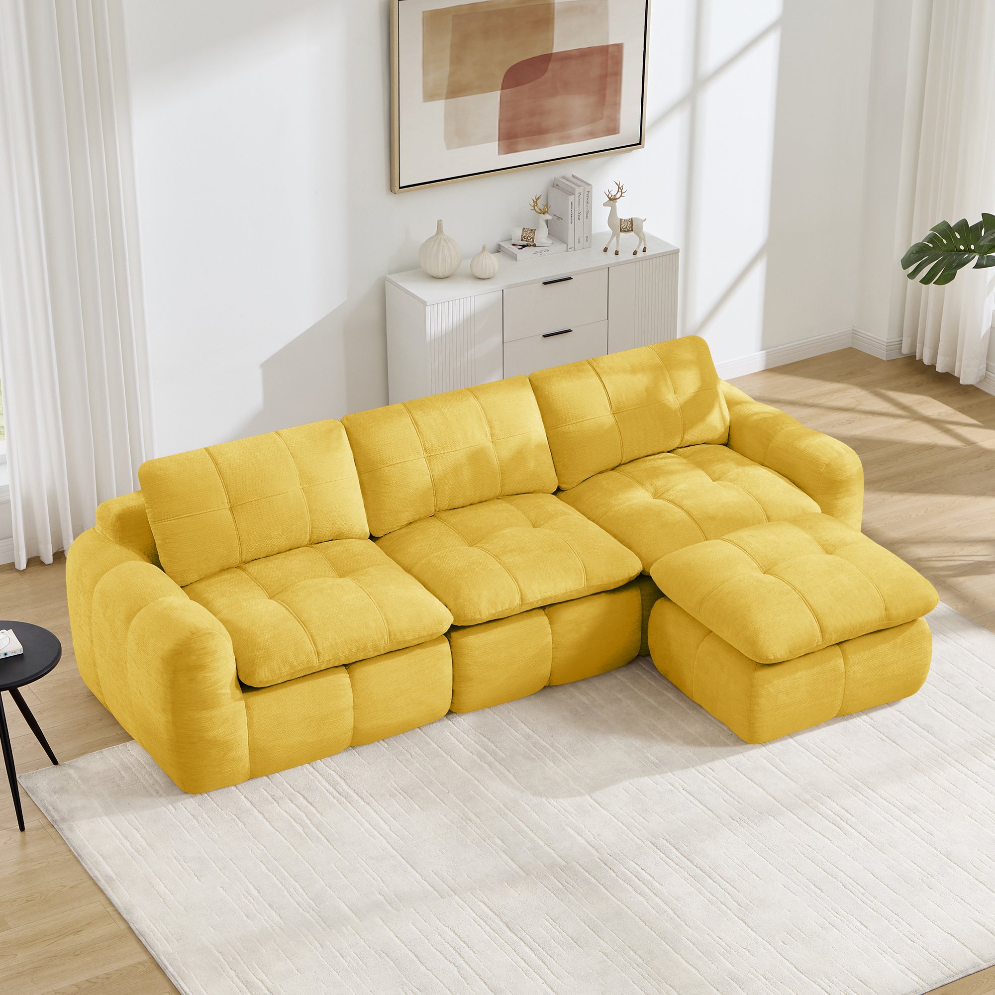 Canapé d'angle modulable 3 places jaune en tissu chenille sans cadre avec ottoman, mousse haute densité 32D pour salon et appartement moderne