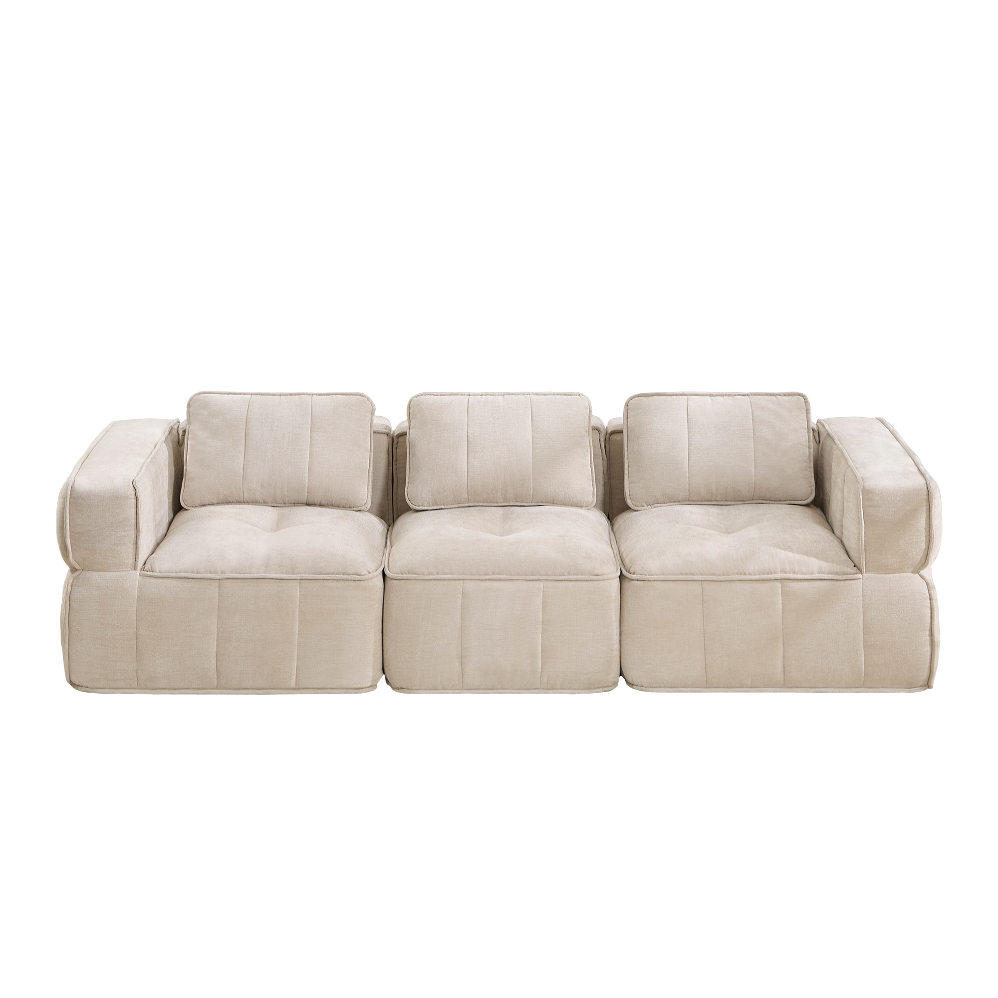 Canapé modulable 3 places beige en tissu polyester, design sans cadre avec mousse haute densité, dimensions 271x93x67 cm pour salon moderne et usage immédiat.