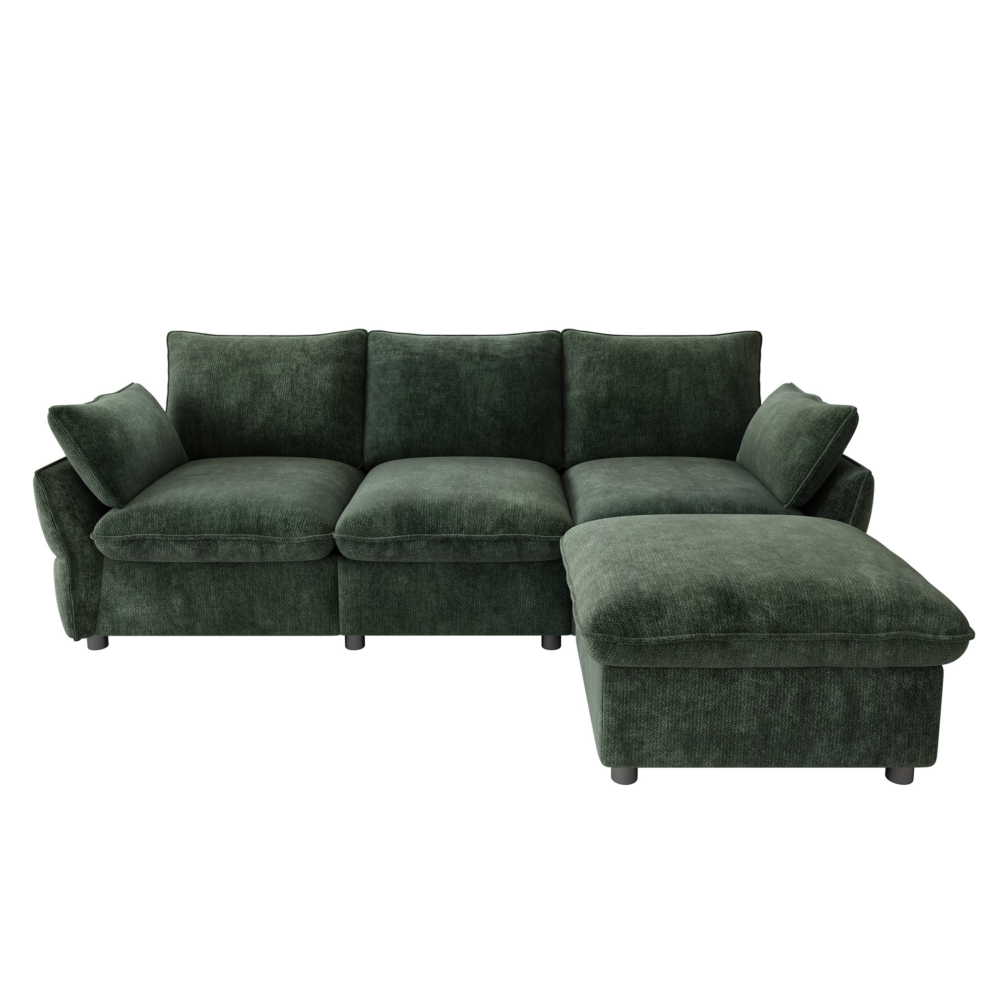 Canapé d'angle tissu chenille doux, cadre bois massif et métal, pieds plastique, rembourrage mousse et ressorts, couleur vert sombre