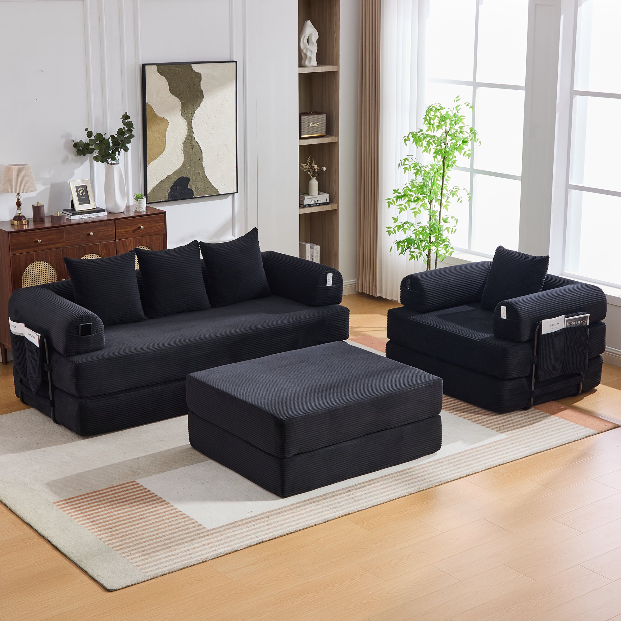 Canapé d'angle convertible modulable en velours côtelé noir avec hocker, poche latérale et 4 coussins