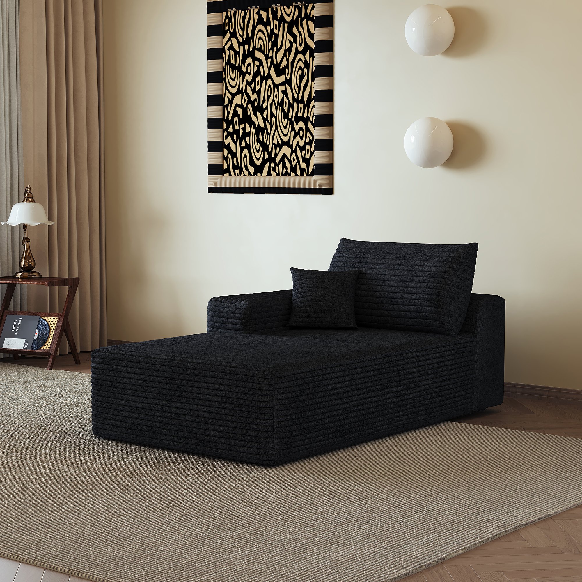 Canapé convertible noir en tissu velours côtelé, structure modulaire avec chaise longue réversible et assise nuage confortable, dimensions 175x95x83 cm, sans montage requis