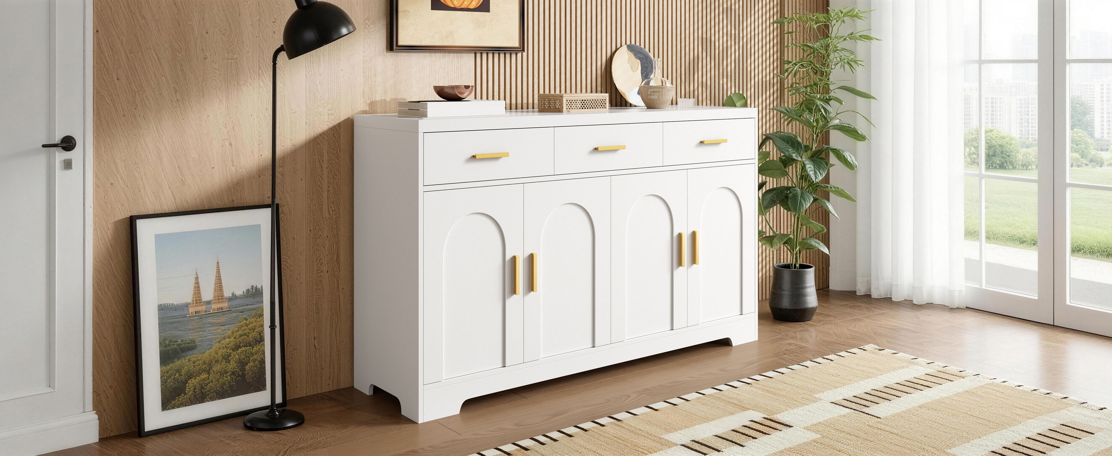 Buffet Blanc Moderne 140x83 cm, Meuble Rangement avec 4 Portes Arc et 3 Tiroirs, Panneau composite de fibres de bois à densité