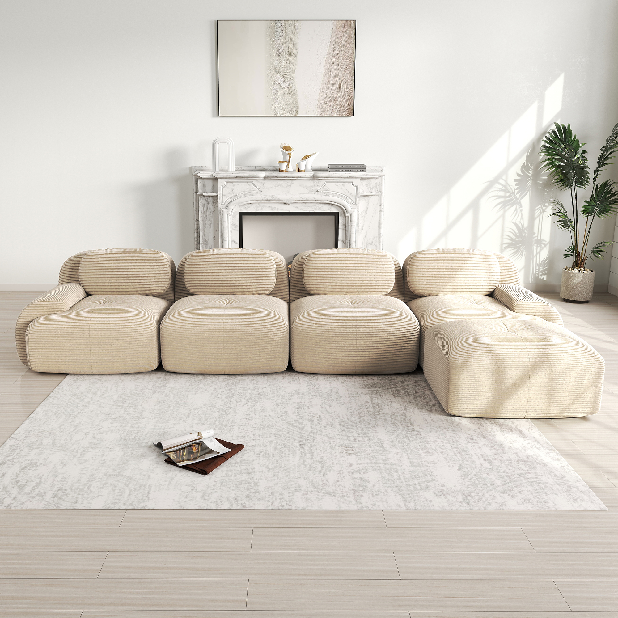 Canapé d'angle 4 places en velours côtelé beige avec structure sans cadre et assise 32D haute élasticité