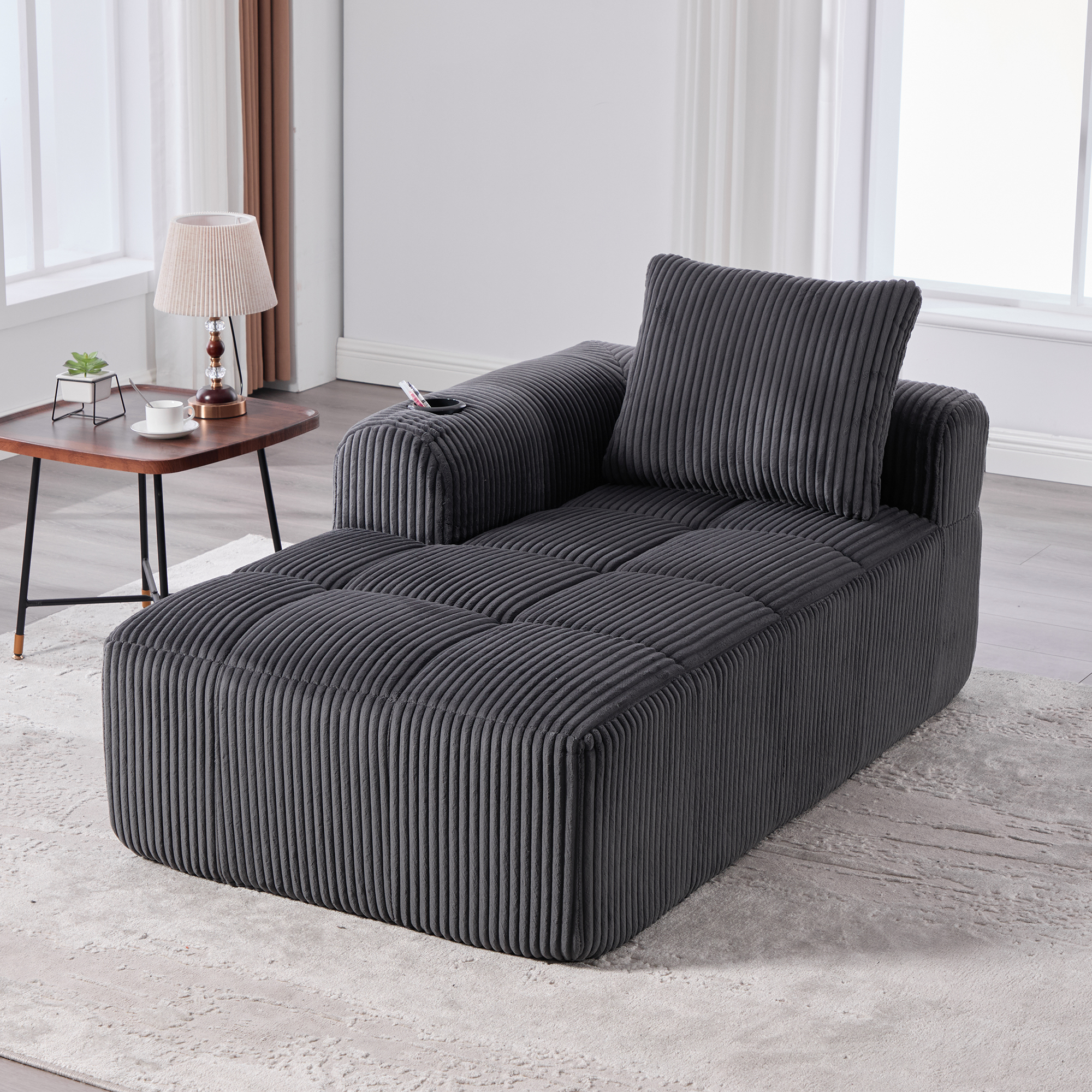 Canapé 2 places en velours côtelé gris foncé, mousse haute densité et ressorts intégrés avec porte-gobelets