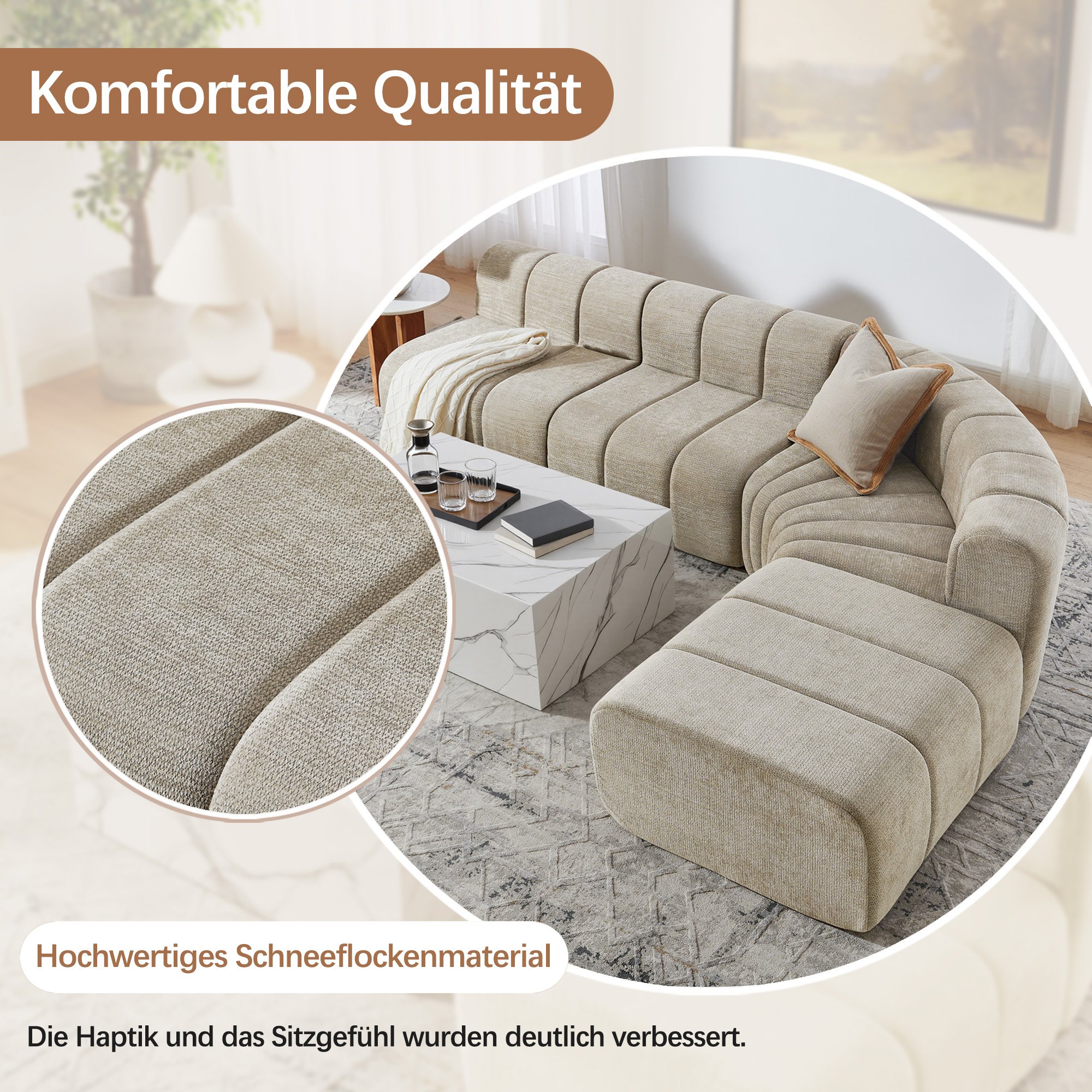 Canapé d'angle modulable 4 places marron en chenille, structure sans dossier convertible en poufs et table basse, livraison en 3 colis