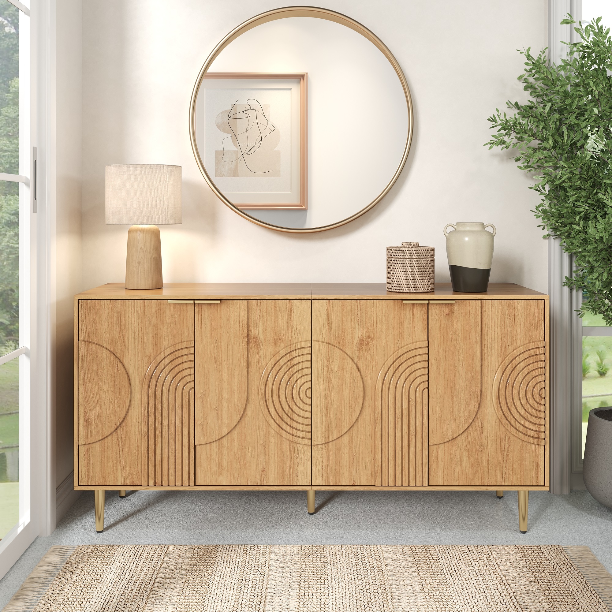 Buffet Contemporain Panneau composite de fibres de bois à densité Naturel 140x40x72 cm 4 Portes Relief Circulaire Étagères Réglables