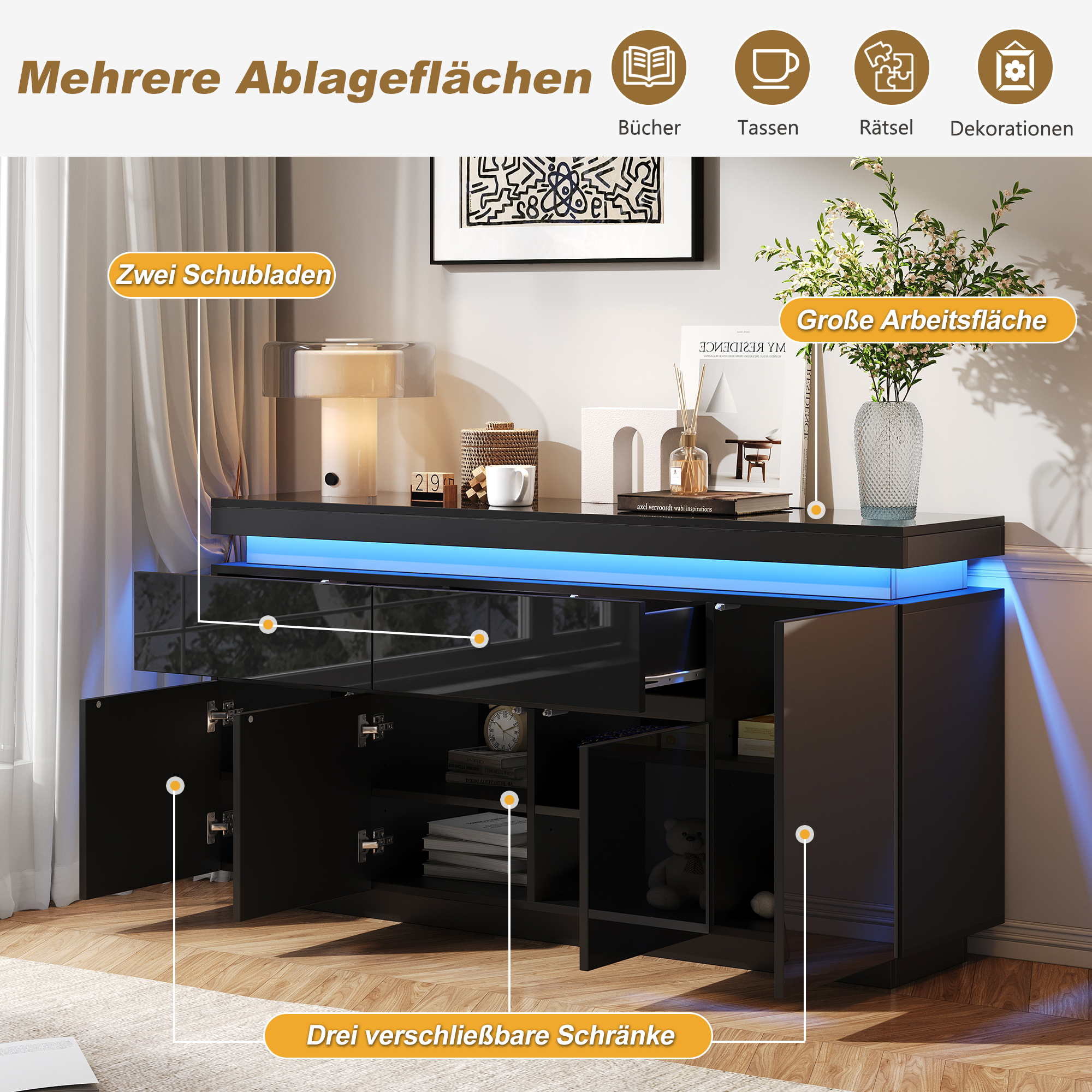 Buffet Noir Panneaux de Particules Haute Brillance, Meuble de Rangement avec 4 Portes, 2 Tiroirs et Étagères Réglables