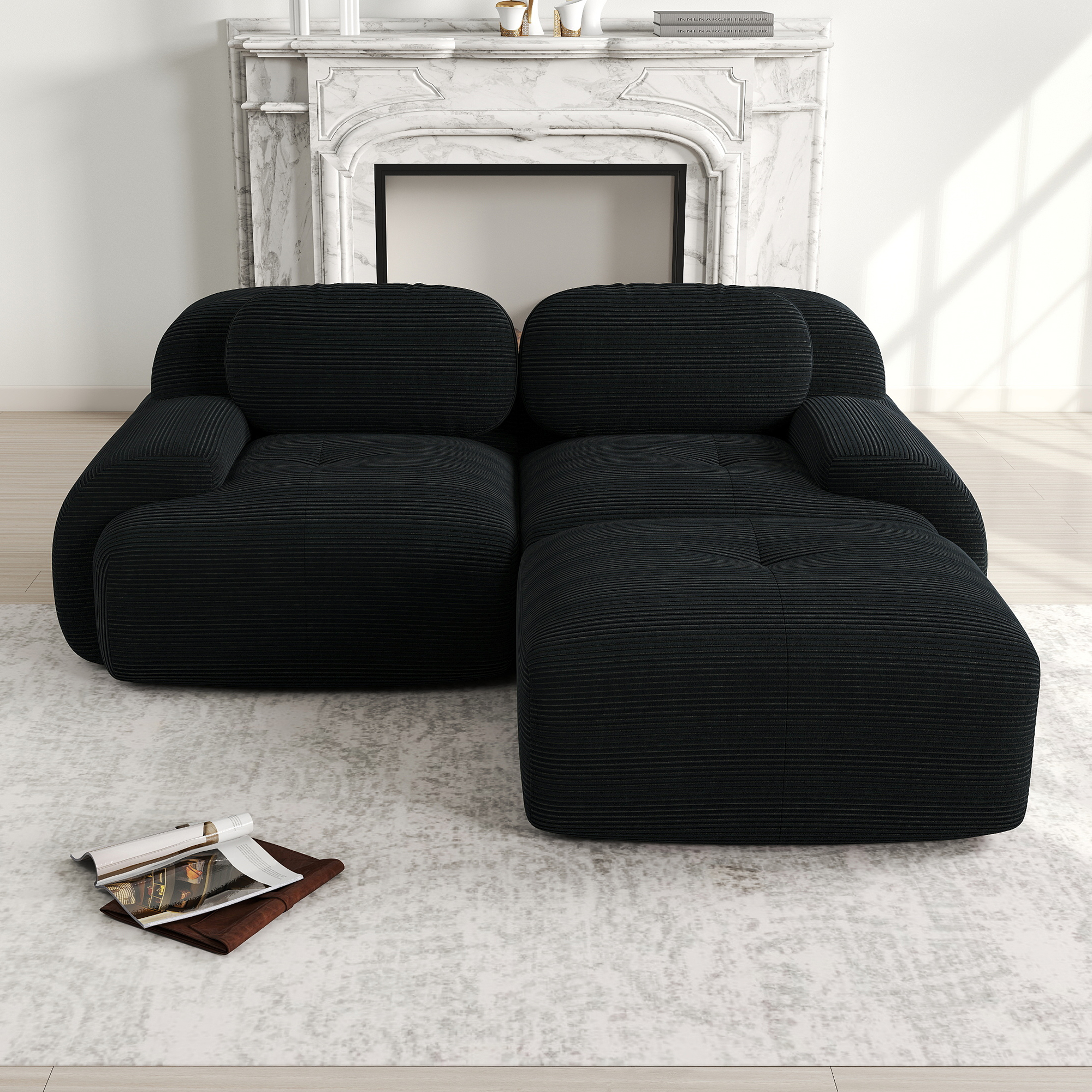 Canapé d'angle modulable sans montage, mousse 32D haute densité, velours côtelé noir, 208x178x70 cm