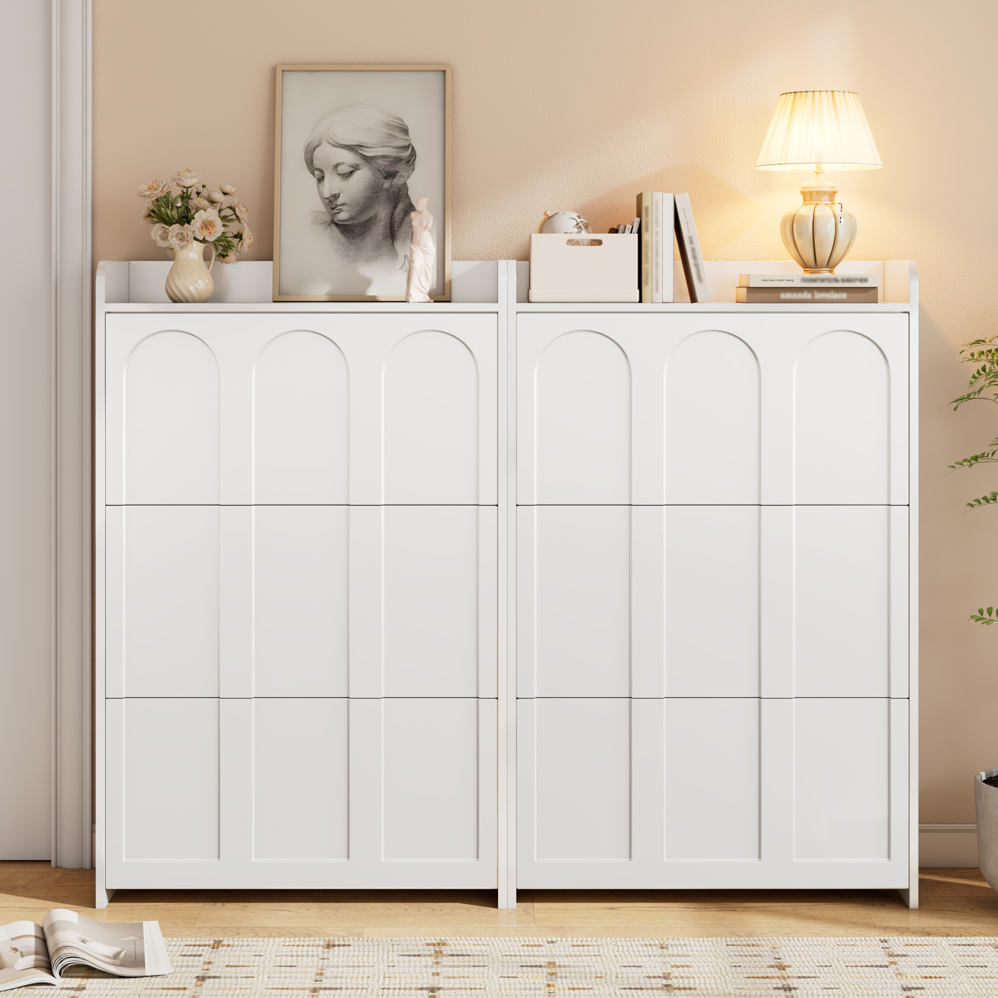 Meuble à chaussures Panneau composite de fibres de bois à densité blanc, 6 portes battantes, 12 étagères, tiroir intégré, rangement hall d'entrée
