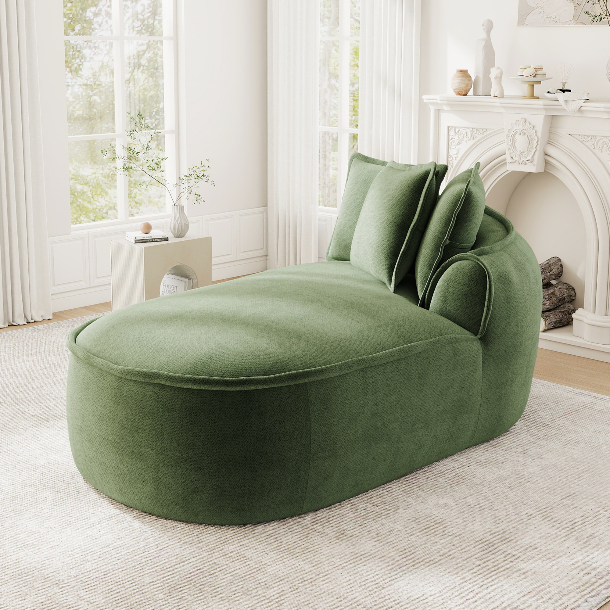 Canapé modulable en chenille vert avec méridienne droite, coussins et accoudoirs larges, 2 modules