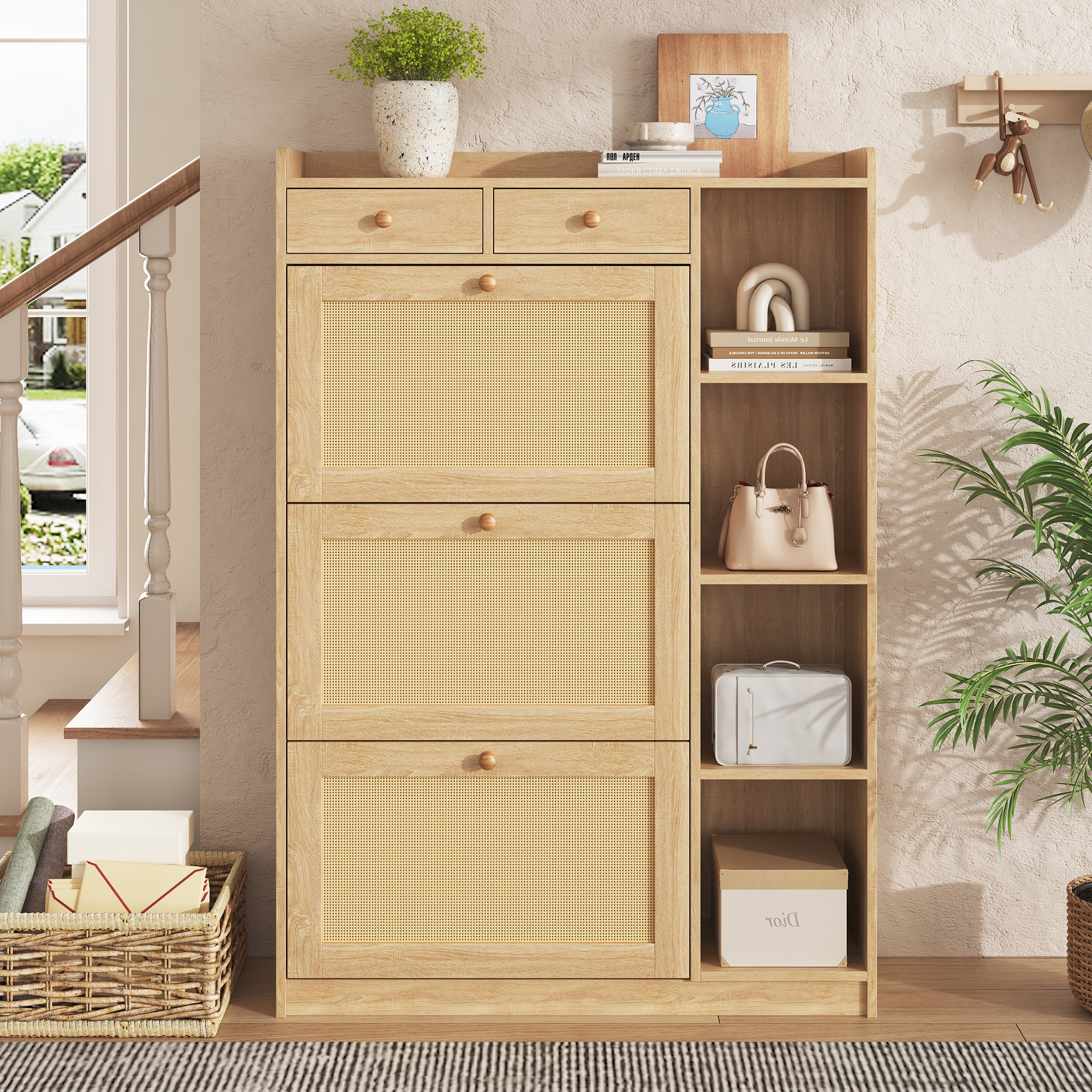 Meuble à chaussures étroit 90x24x130 cm avec 3 portes abattantes rotin et 2 tiroirs, couleur naturel
