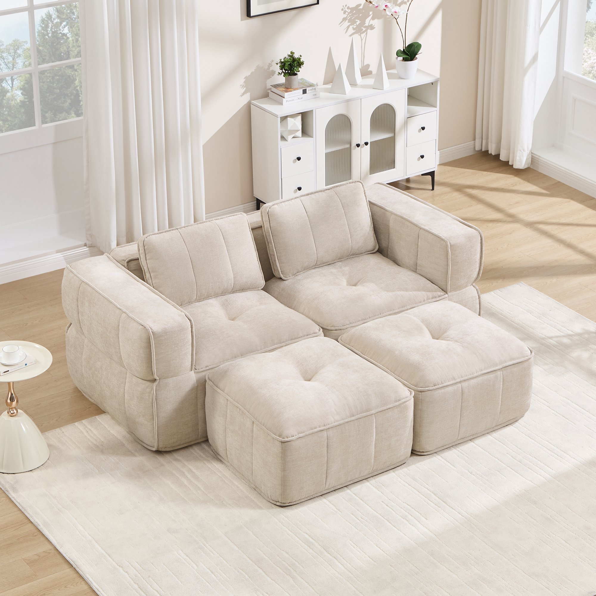 Canapé modulaire 2 places beige en tissu polyester avec deux poufs, assise profonde mousse haute densité pour salon moderne