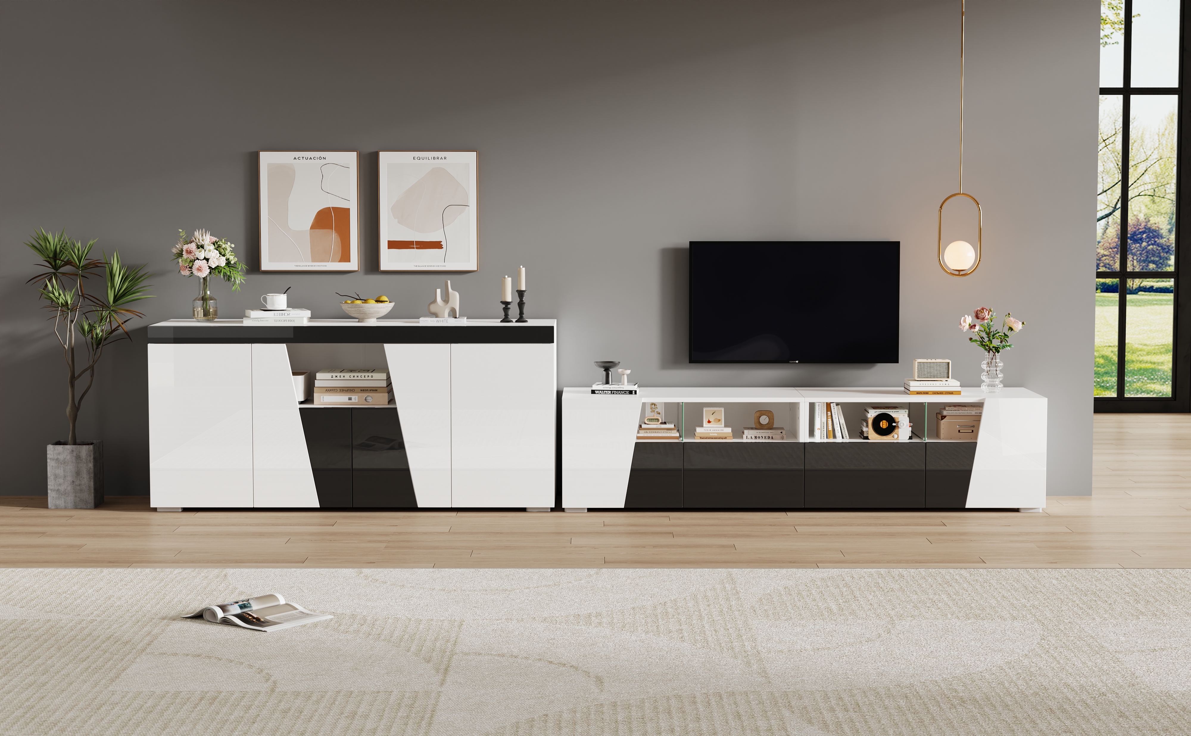 Meuble TV LED Intelligent avec Contrôle Bluetooth et Rangement, Design Moderne Blanc Noir pour Salon