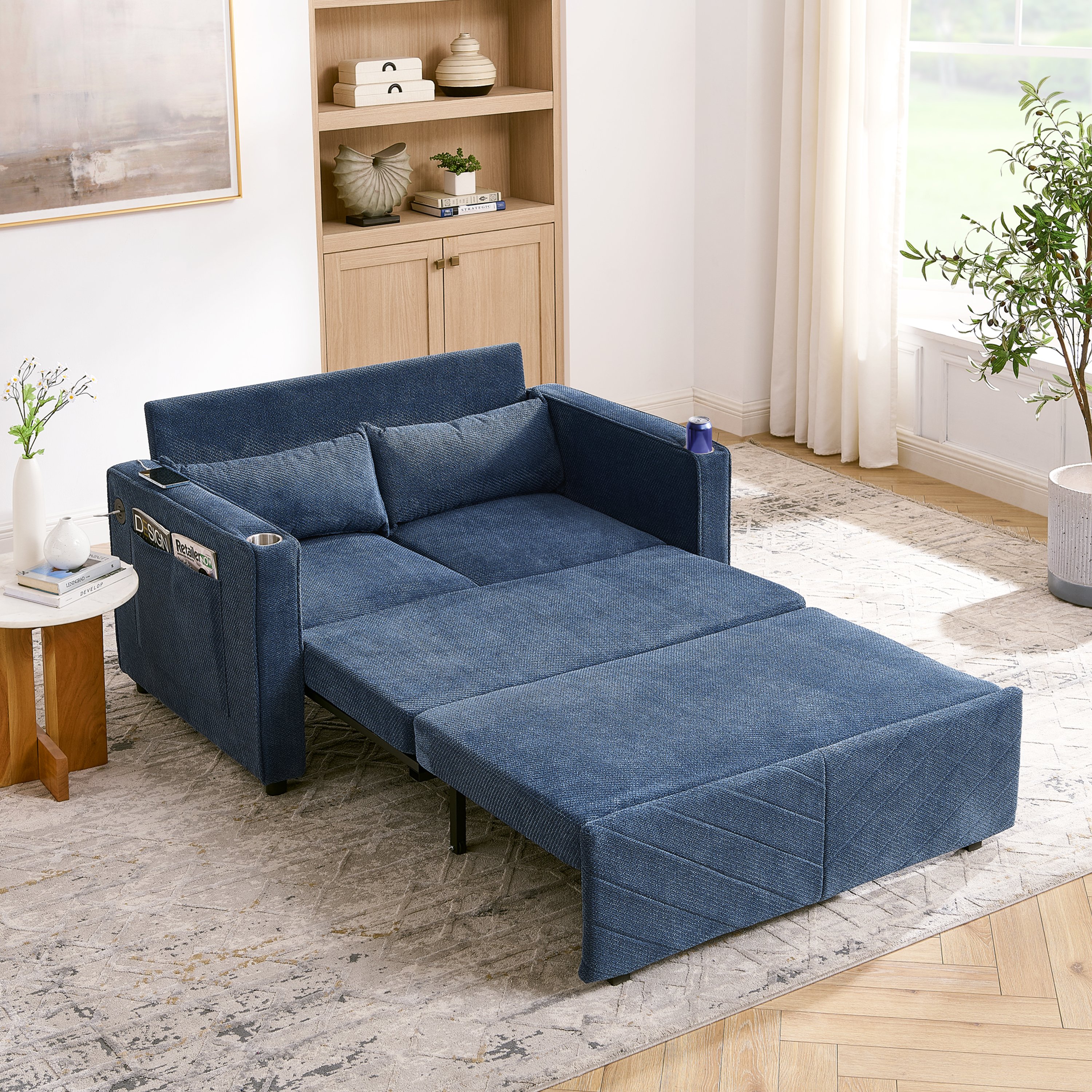 Canapé Convertible 2 Places avec Transformation Glissante et Ports USB Intégrés, Design Minimaliste pour Salon ou Bureau