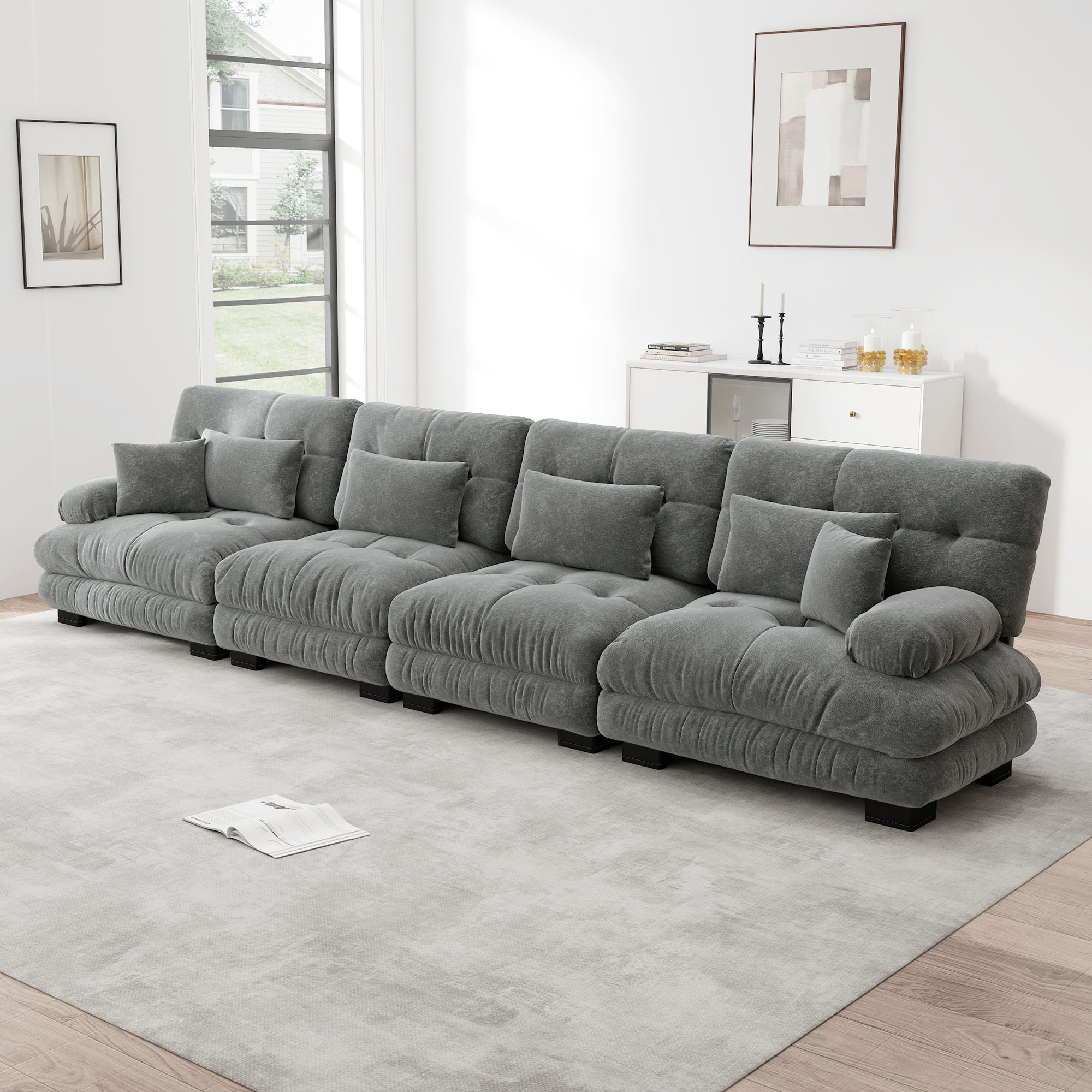 Canapé d'angle 4 places modulable en chenille gris avec assise profonde et coussins d'appoint pour salon
