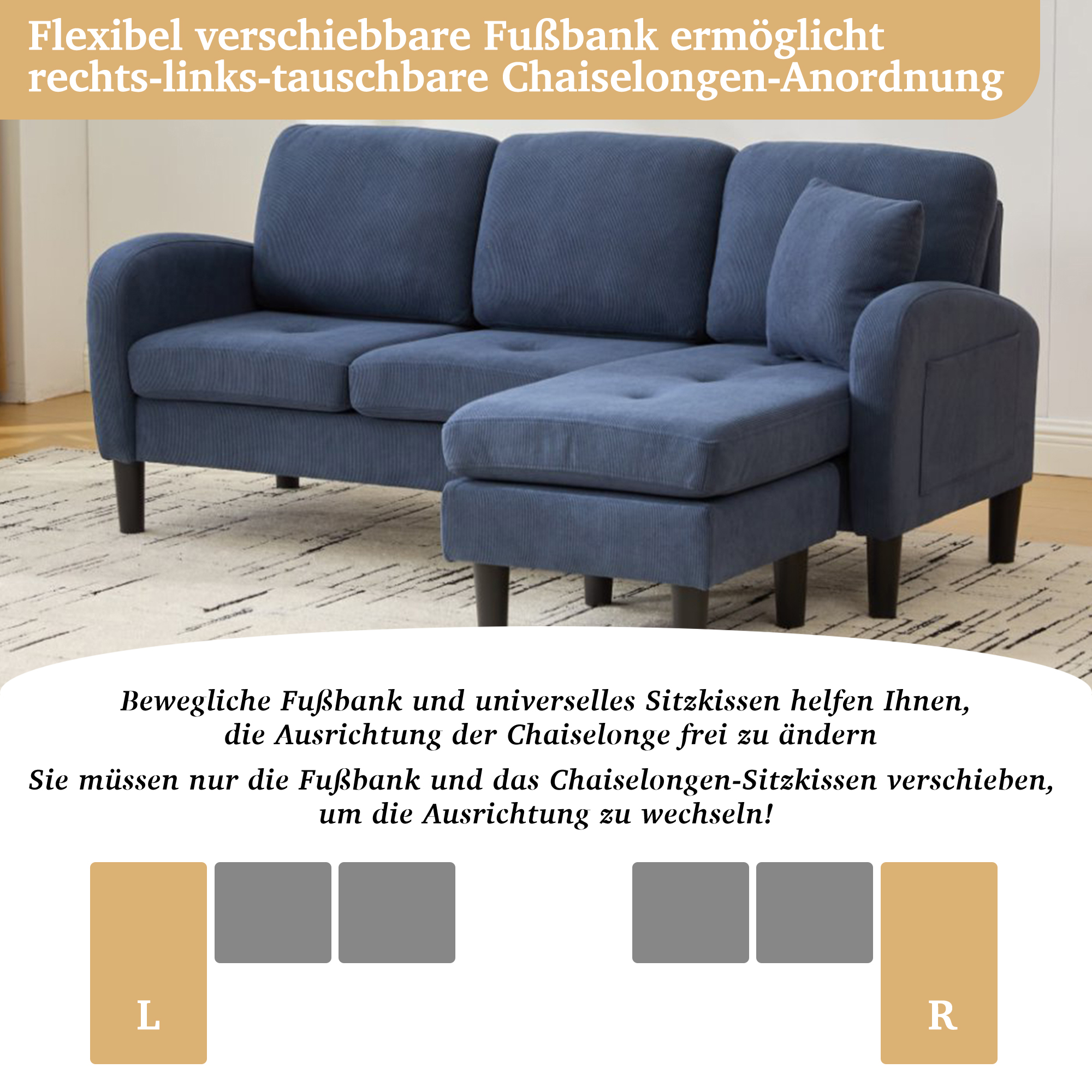 Canapé d'Angle avec Méridienne Modulable Bleu Tissu Côtelé 3 Places avec Rangement Intégré pour Petit Salon