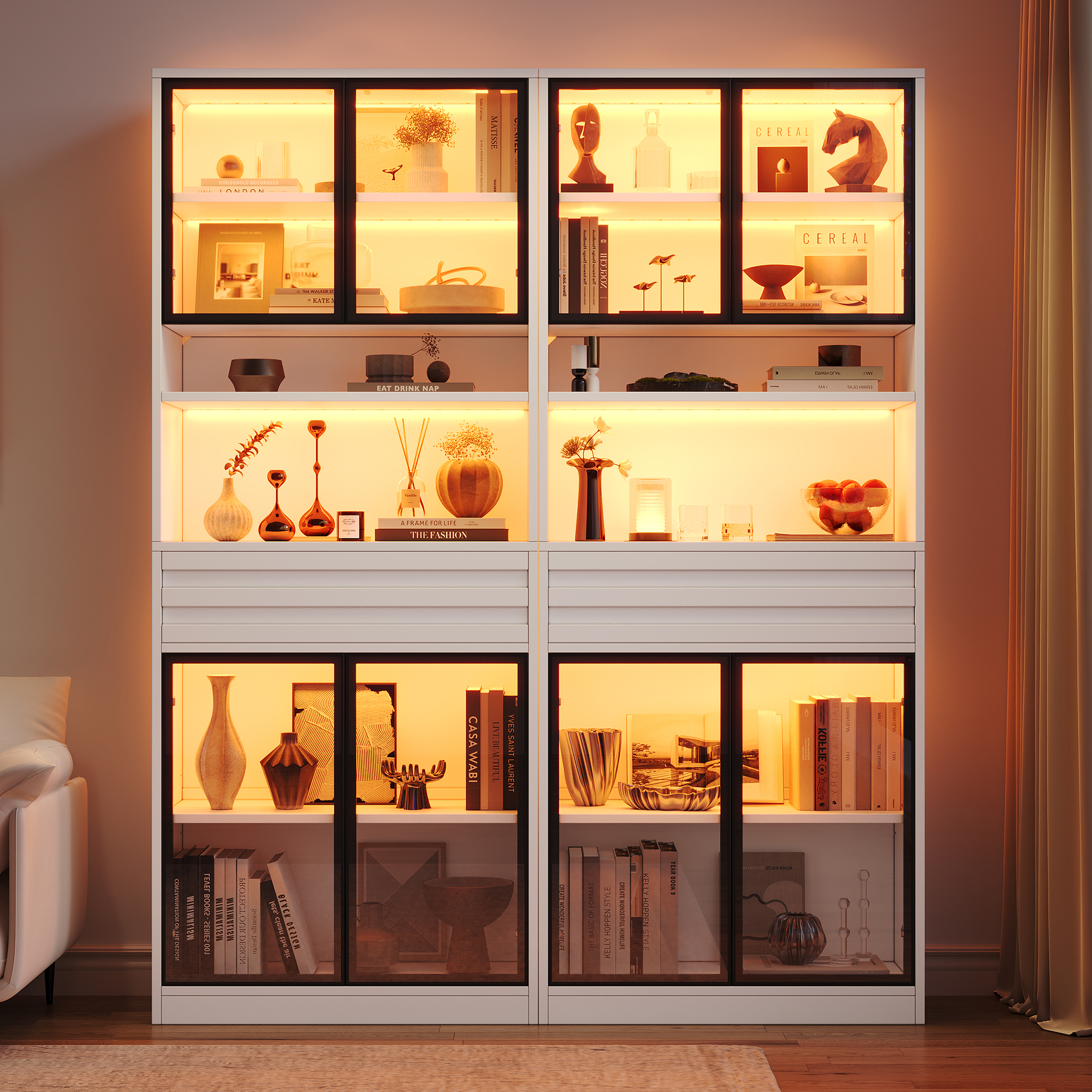 Vitrine Blanche Panneau composite de fibres de bois à densité 160x35x200 cm, Meuble à 8 Portes Verre et 2 Tiroirs, Éclairage LED Connecté par App Smartphone