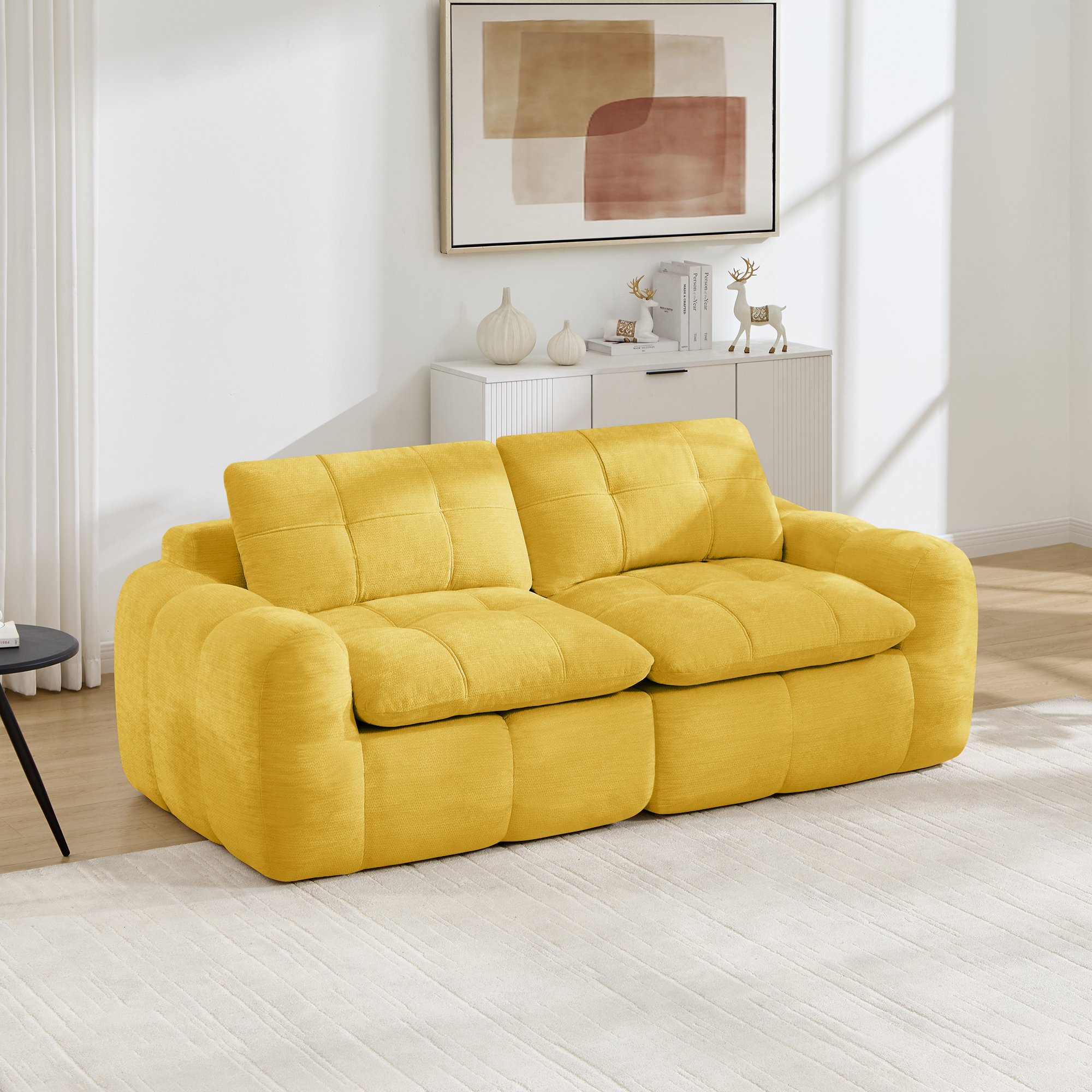 Canapé 2 places modulable en chenille jaune avec assise profonde, mousse haute densité 32D, design minimaliste sans assemblage pour salon ou chambre