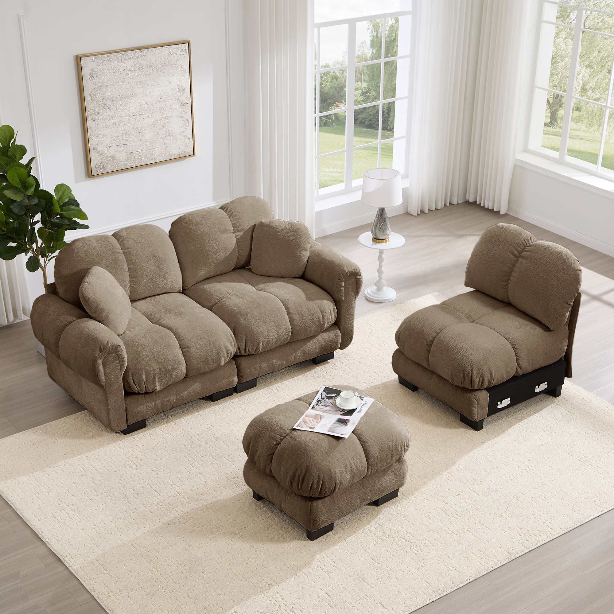 Canapé d'angle 3 places en Tissu Chenille Marron avec Coffre de Rangement Intégré et Ottomane Mobile, Dimensions 260x149cm