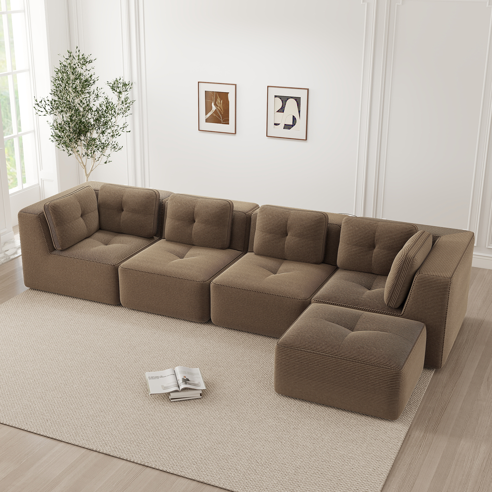 Canapé Modulable 4 Places Angle Sans Cadre Tissu Côtelé Marron Confort Profond Salon Moderne