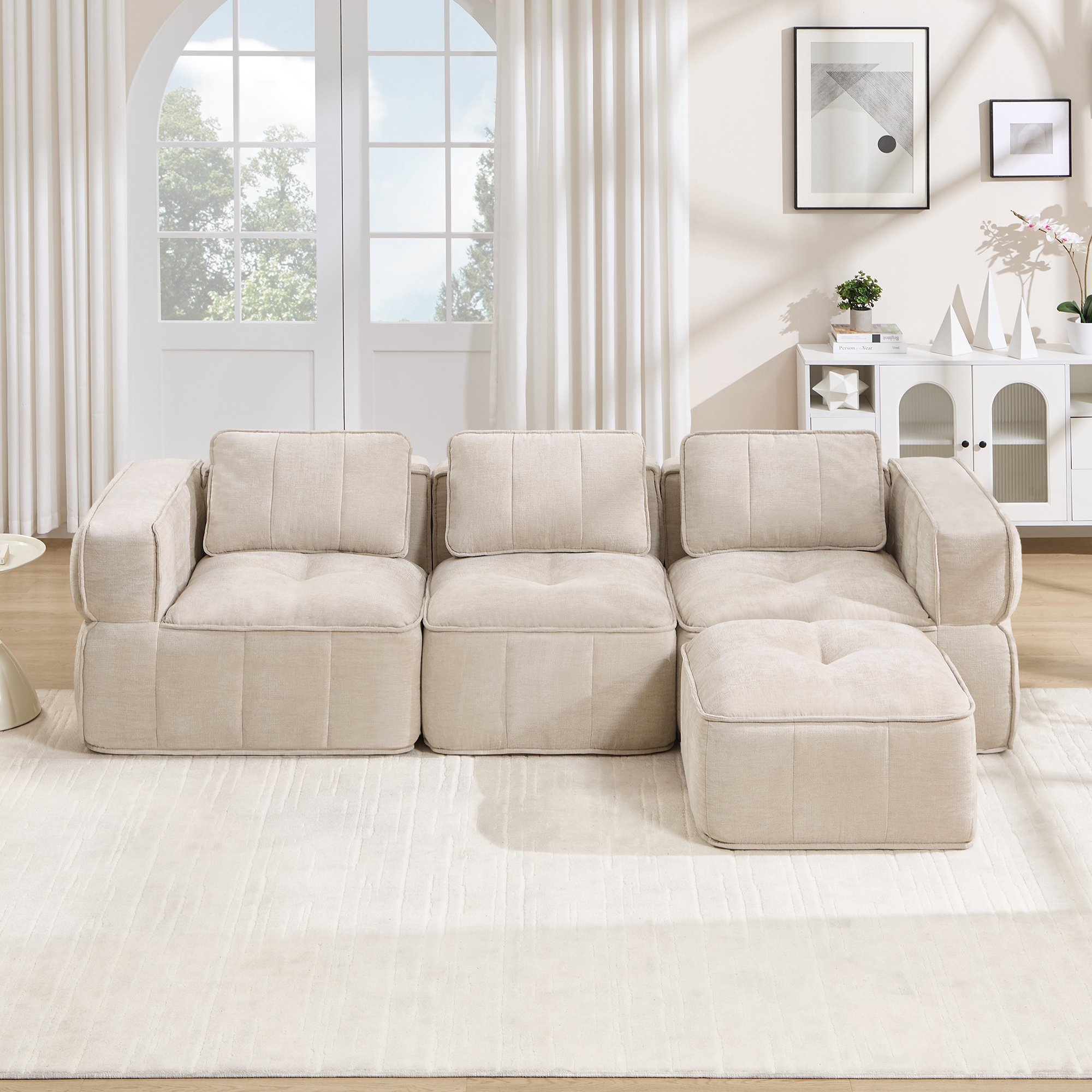 Canapé d'angle modulable 3 places beige en polyester sans cadre avec pouf, mousse haute densité 32D pour salon moderne