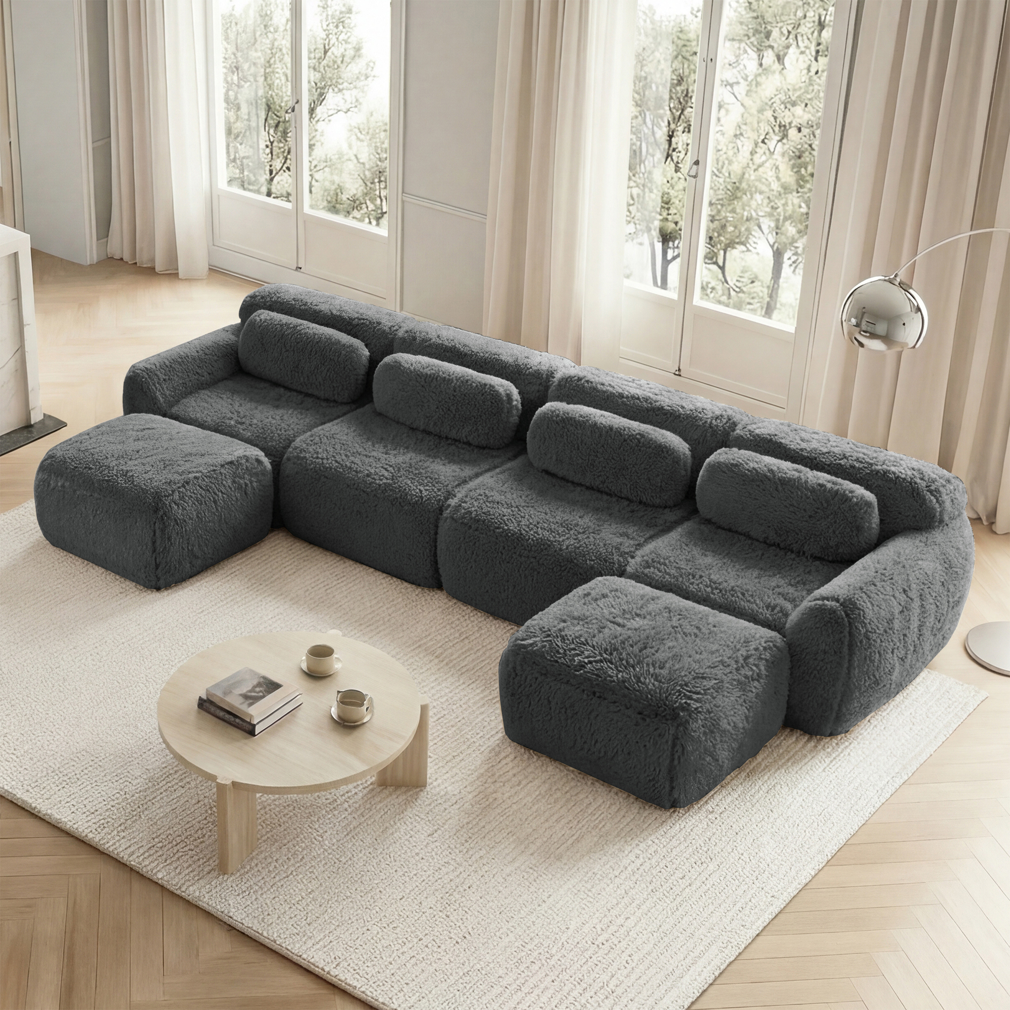 Canapé Modulable En U Gris 4 Places Canapé Panoramique Salon Tissu Peluche Confortable Sans Dossier Avec Coussins Inclus