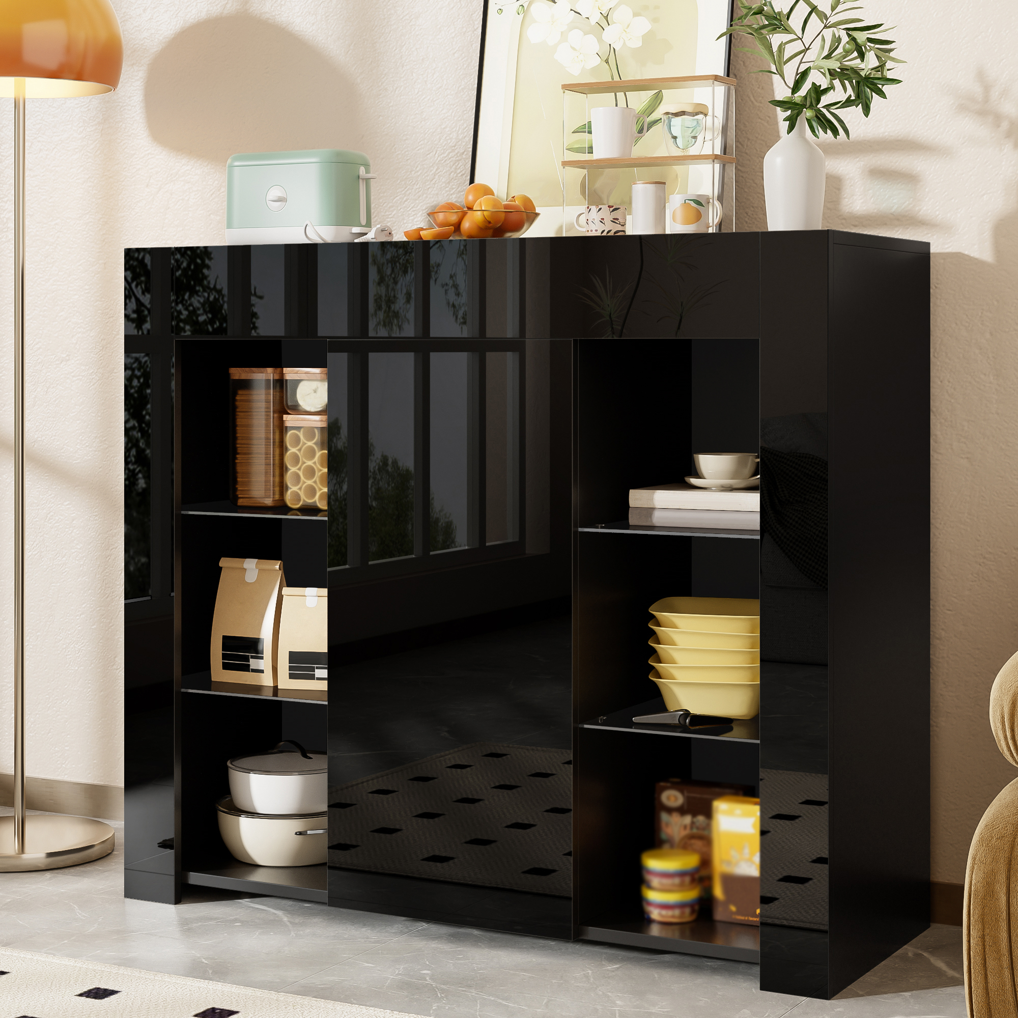 Buffet Noir Moderne 95x35x83 cm - Meuble de Rangement avec Étagères en Verre et Porte pour Cuisine ou Salon