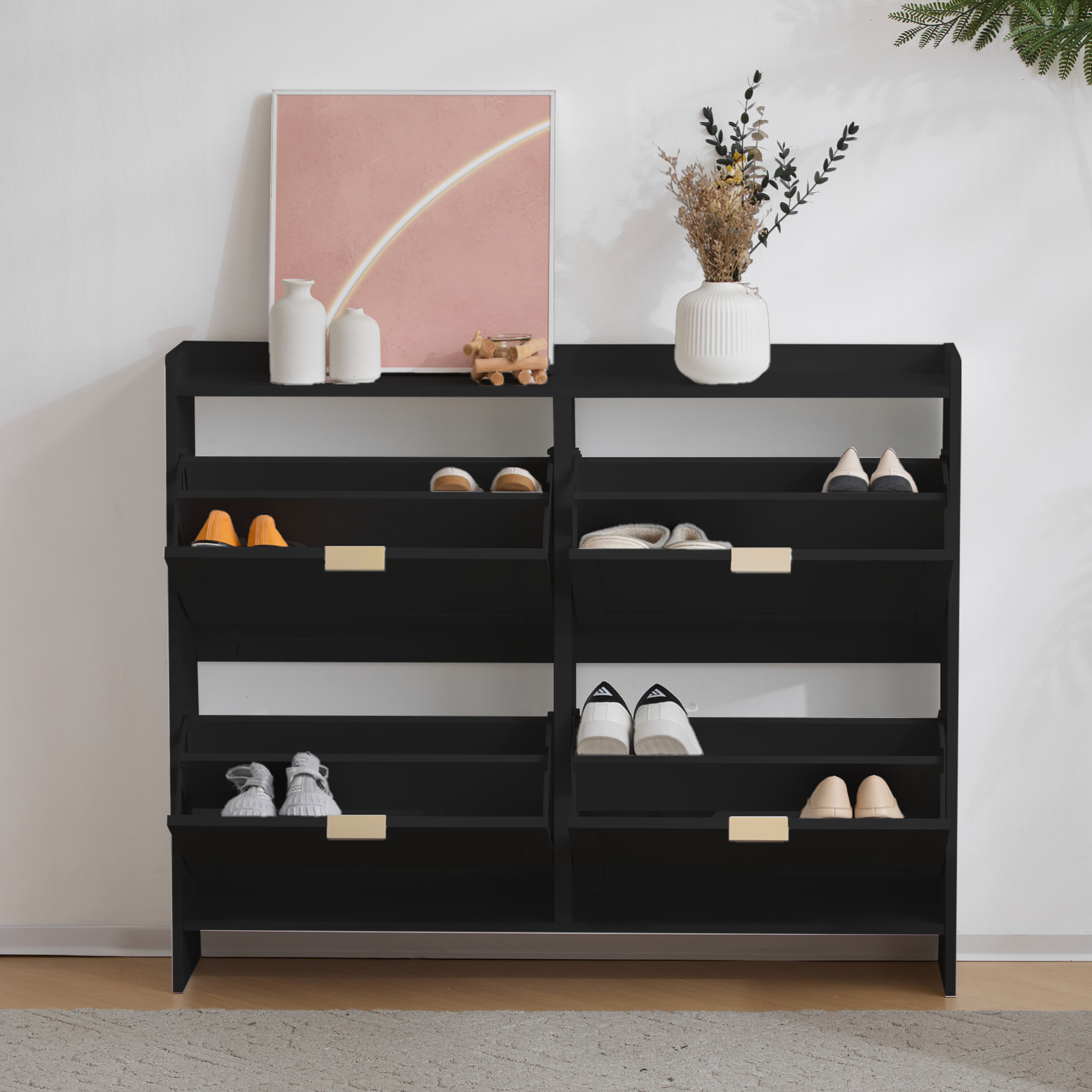 Meuble à chaussures noir 110x24x90 cm, étagère entrée moderne avec portes abattantes et rangement ouvert pour couloir étroit