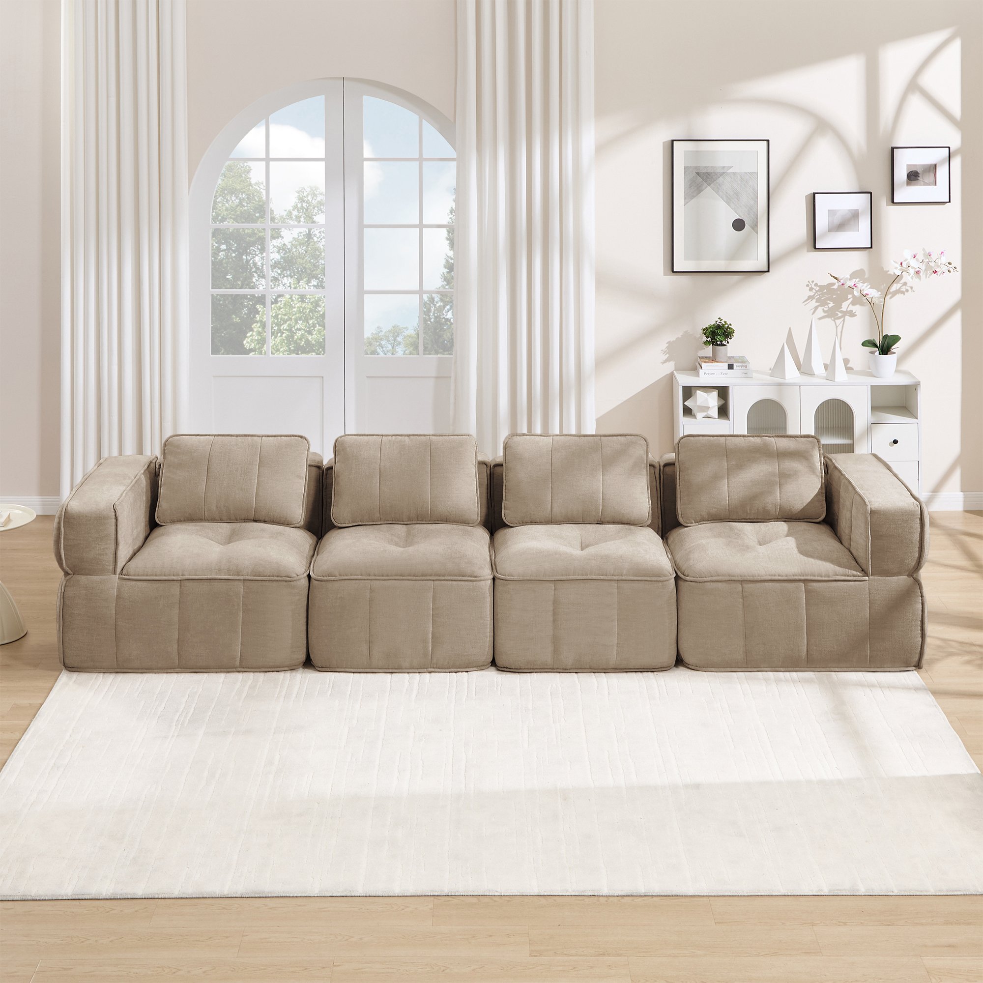 Canapé modulable sans cadre 4 places en mousse haute densité 32D, tissu polyester couleur sable, design contemporain pour salon, aucune installation requise