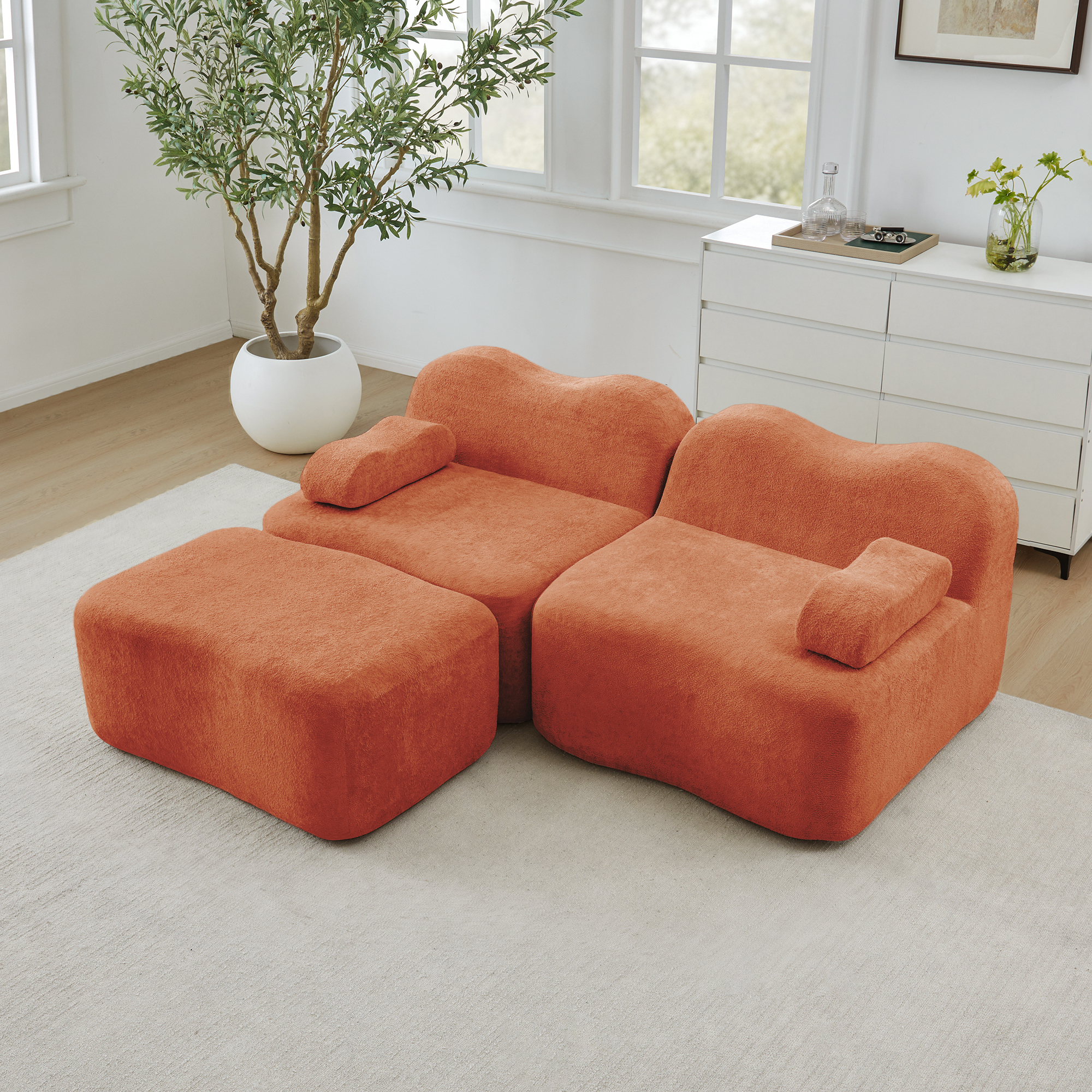 Canapé modulable 2 places en velours orange avec structure sans cadre et mousse haute résilience 32D, design contemporain