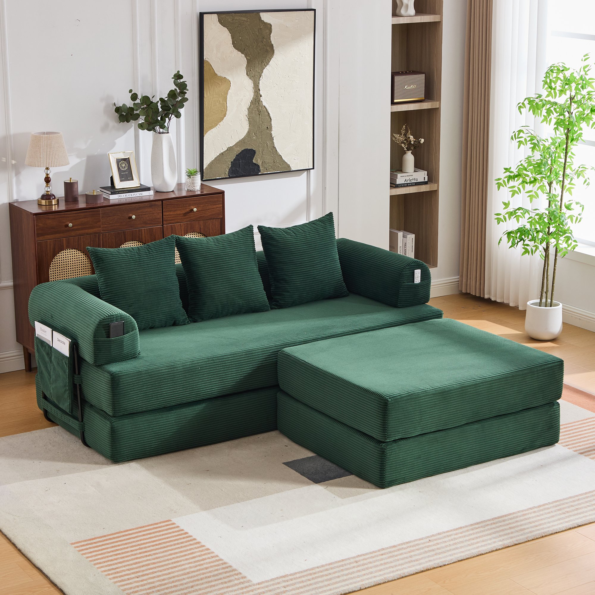 Canapé d'angle convertible modulable sans montage avec pouf et pochette latérale vert émeraude