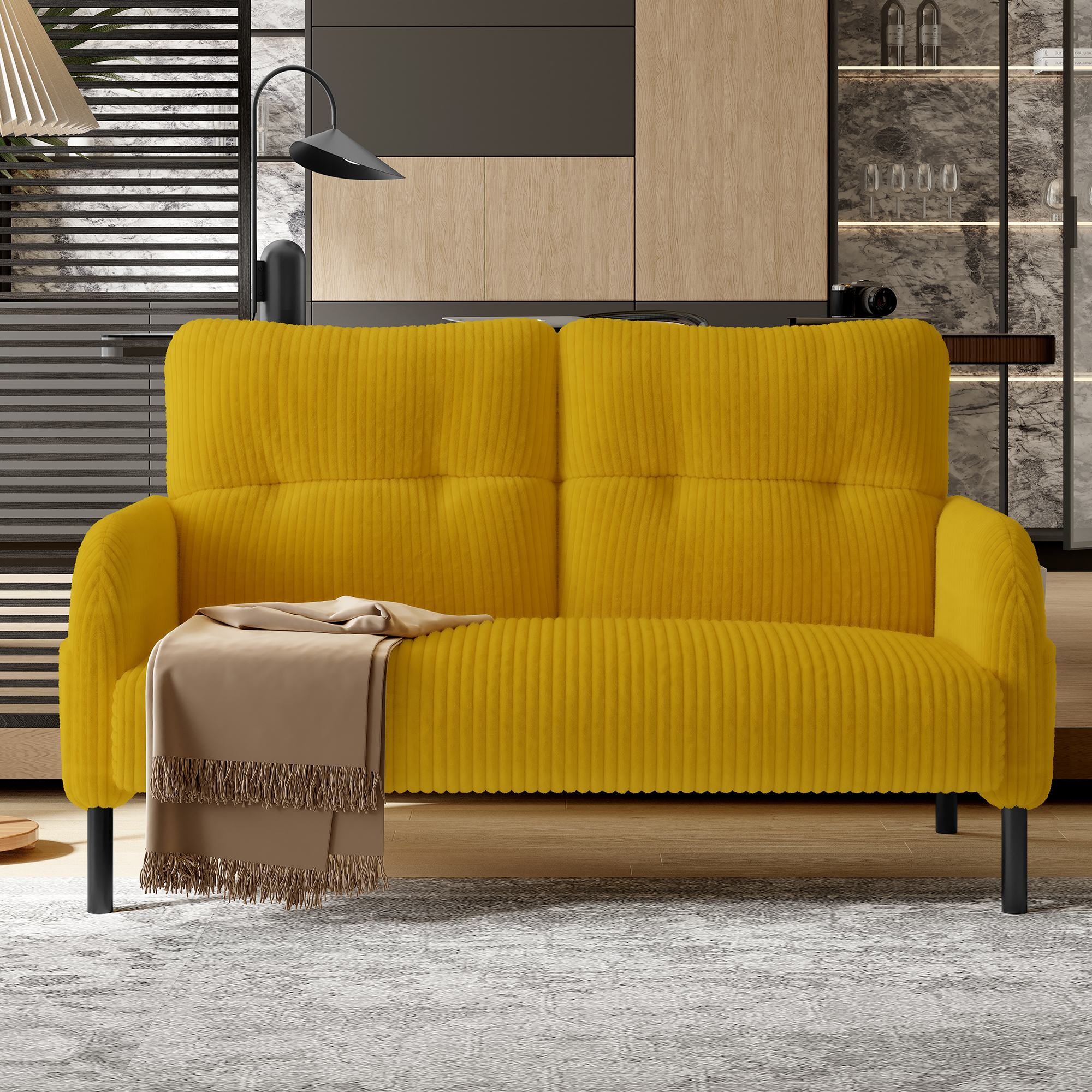 Canapé 2 places 120x75x79 cm en velours côtelé jaune avec dossier haut et pieds métal pour petit salon