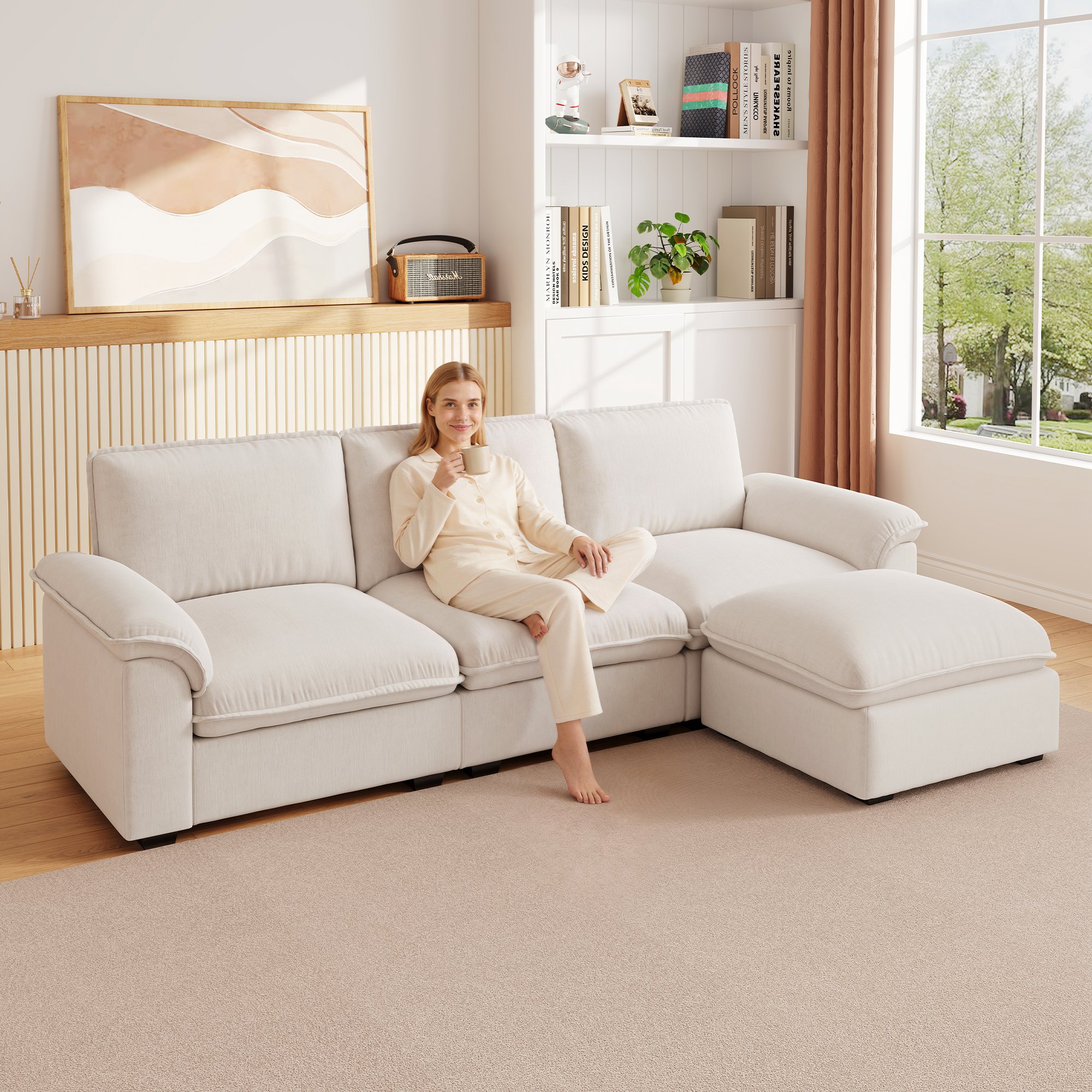 Canapé d'angle 4 places beige en tissu chenille respirant avec ottomane modulable, coussins ergonomiques et housse lavable pour salon moderne