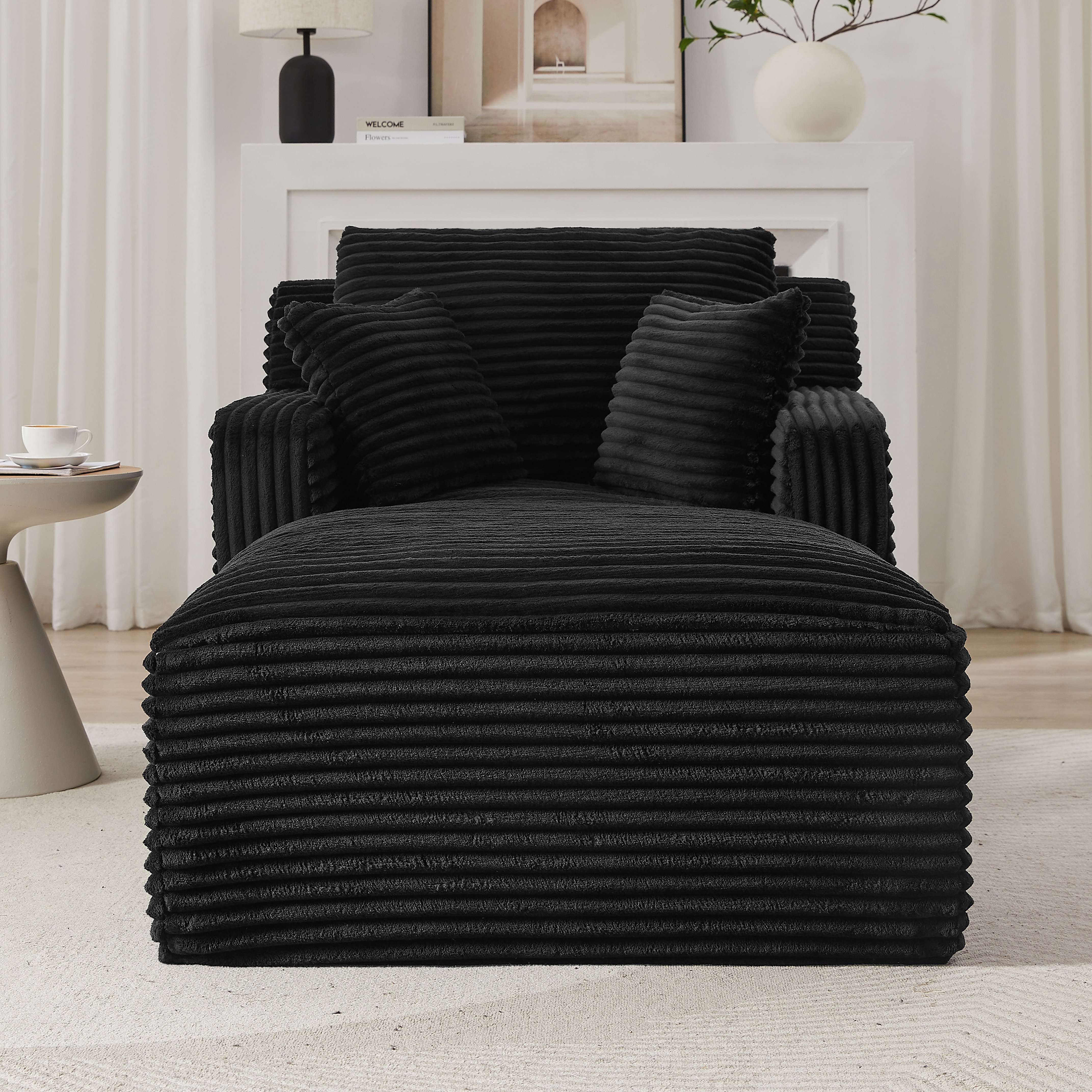 Méridienne Convertible Style Lit de Repos - Canapé Design Noir Tissu Côtelé Pour Salon Contemporain