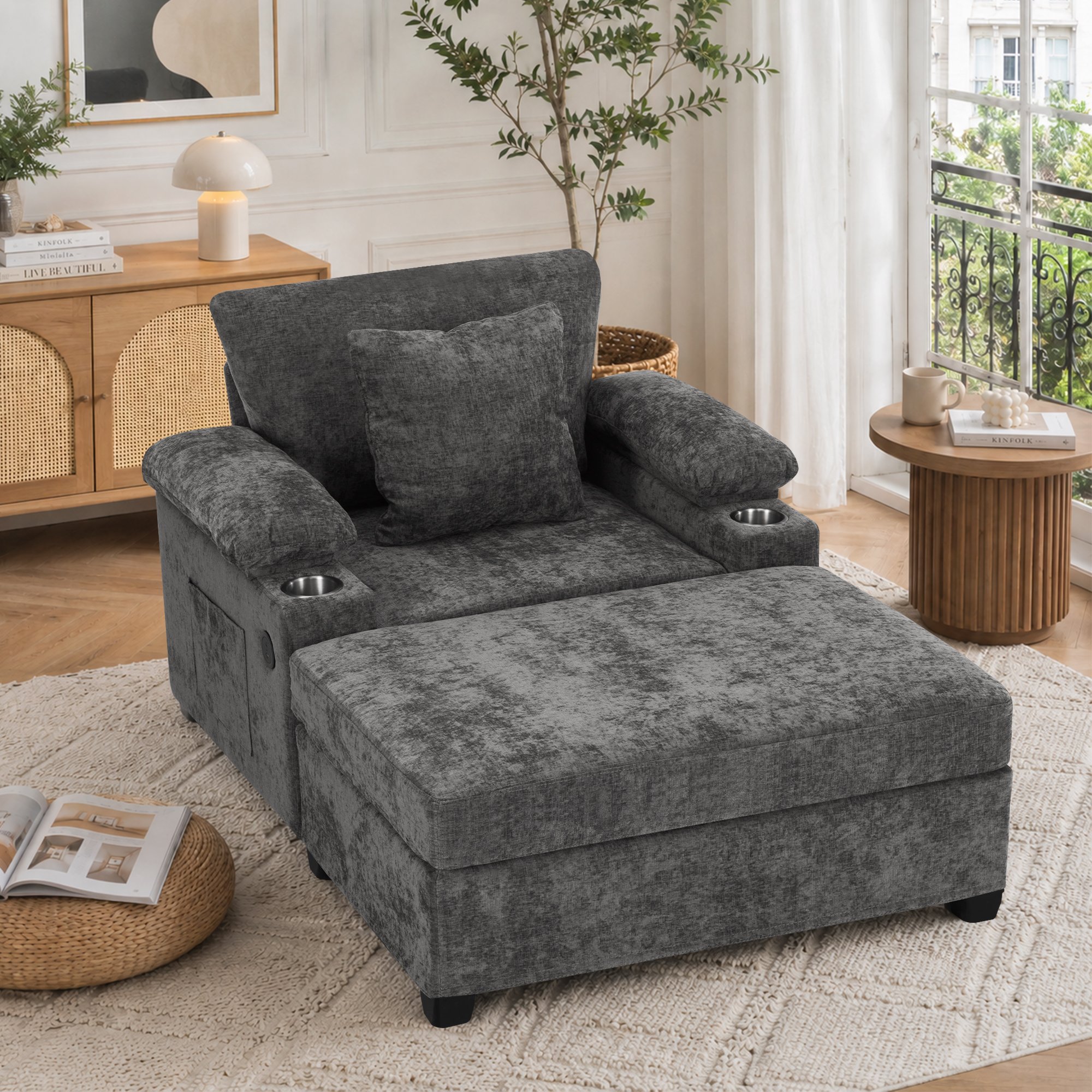 Fauteuil relax Chenille Gris Foncé avec Porte-Gobelet USB, Repose-Pieds Rotatif 90° et Accoudoirs Rangement