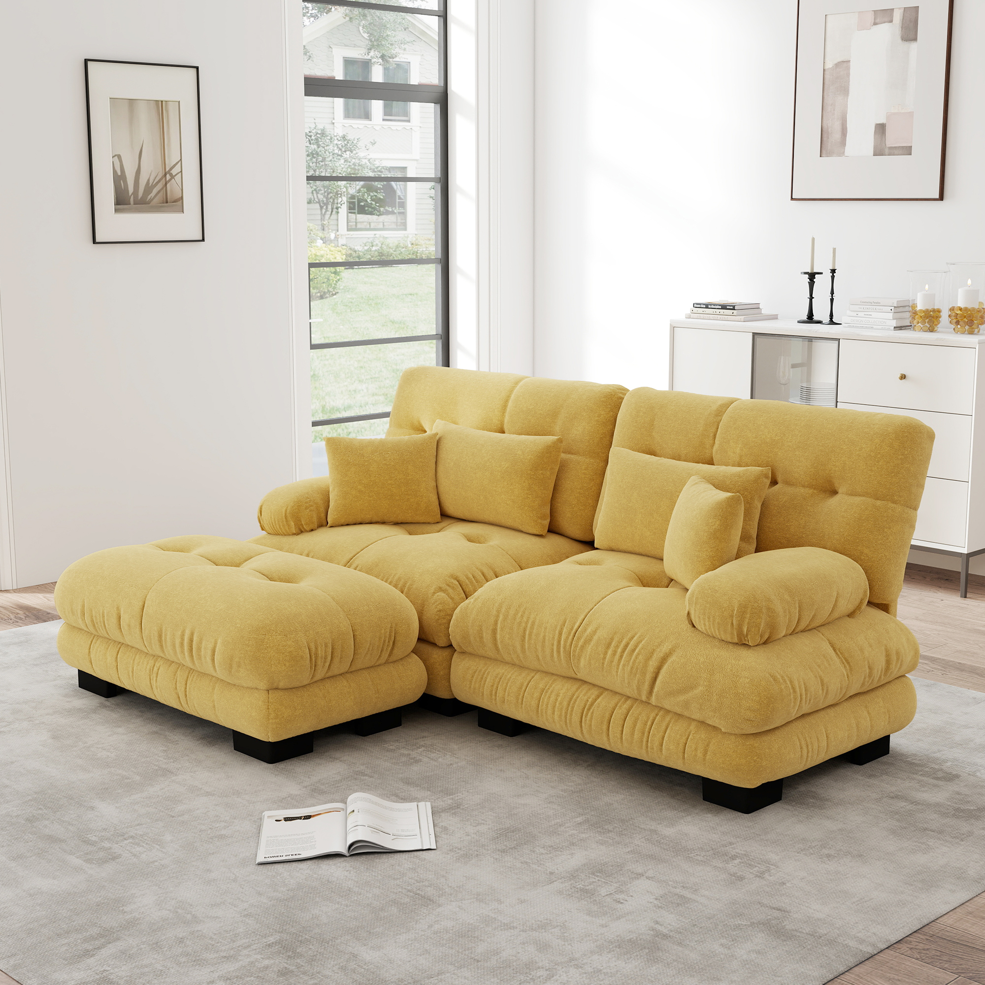 Canapé d'angle modulable chenille jaune avec ottoman, design cloud sans ressorts, coussins lombaires et déco, salon spacieux