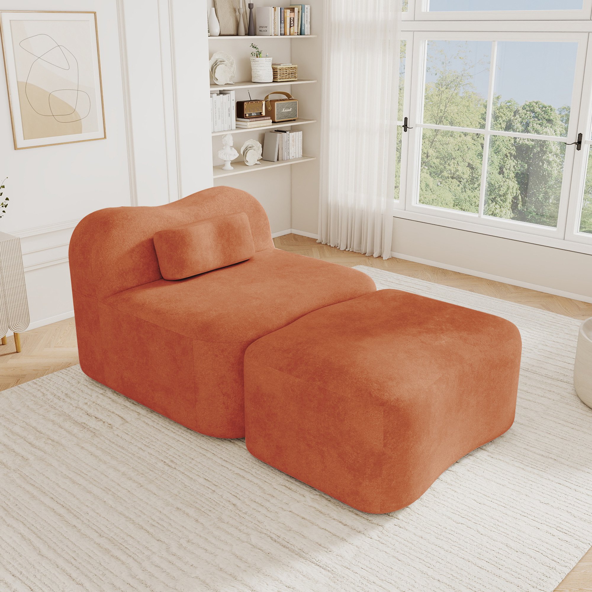 Canapé droit orange en velours sans cadre, design ondulé avec ottoman, mousse 32D haute densité, coussin de dos mobile, idéal salon et chambre, 96x167x70 cm