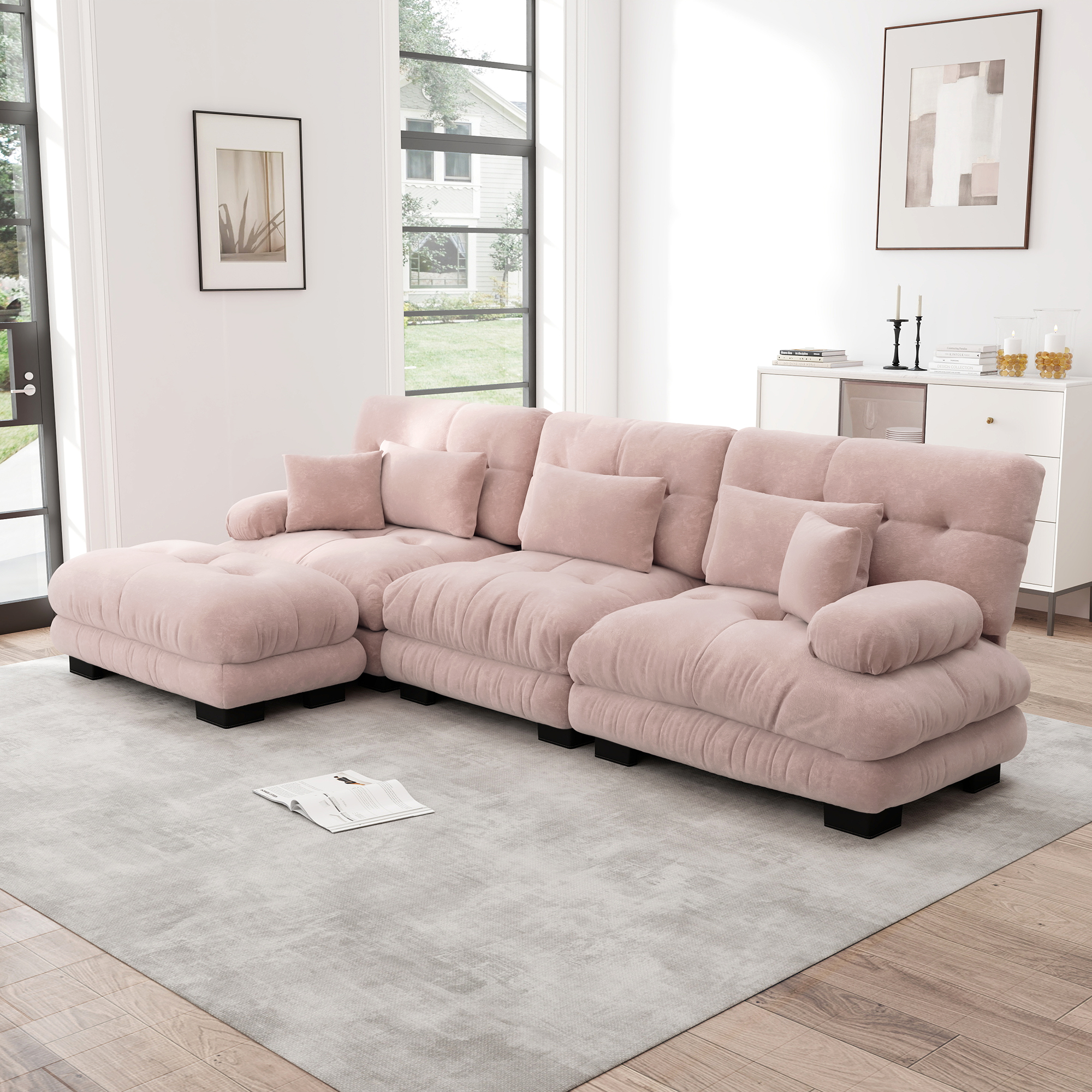 Canapé d'angle modulable en chenille rose avec ottoman mobile et accoudoirs ronds pour salon