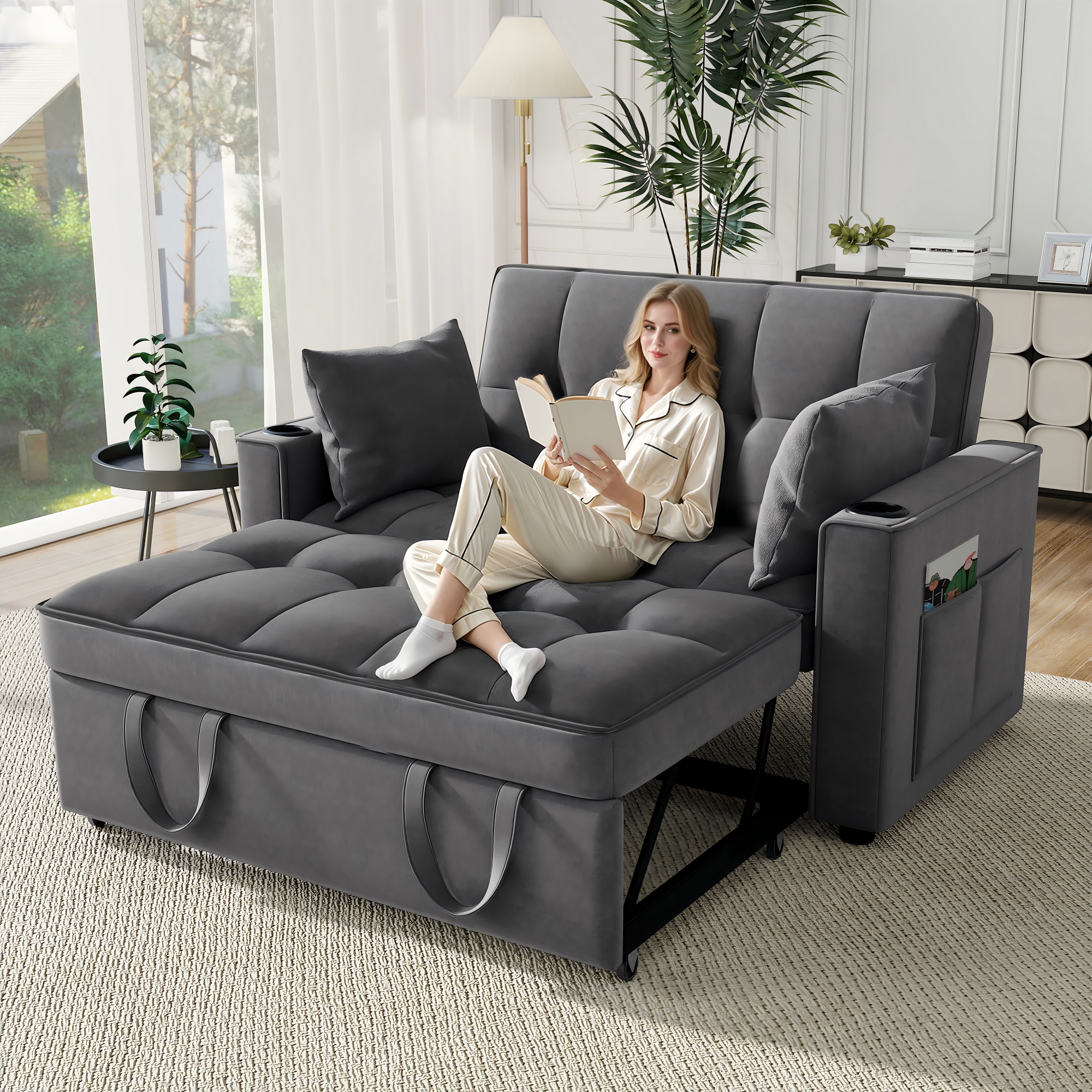 Canapé-lit convertible en velours gris 137x163 cm avec dossier réglable et 2 coussins inclus