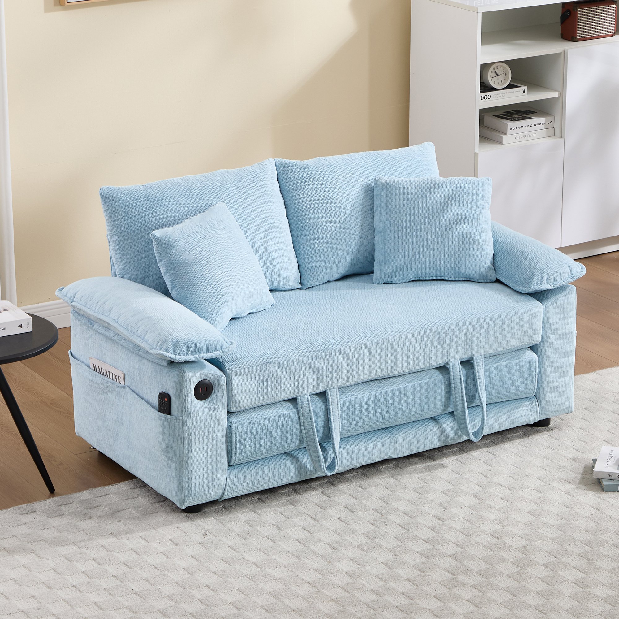 Canapé-lit futon convertible 3 en 1 bleu chenille, lit d'appoint pliant avec poches latérales pour salon et chambre