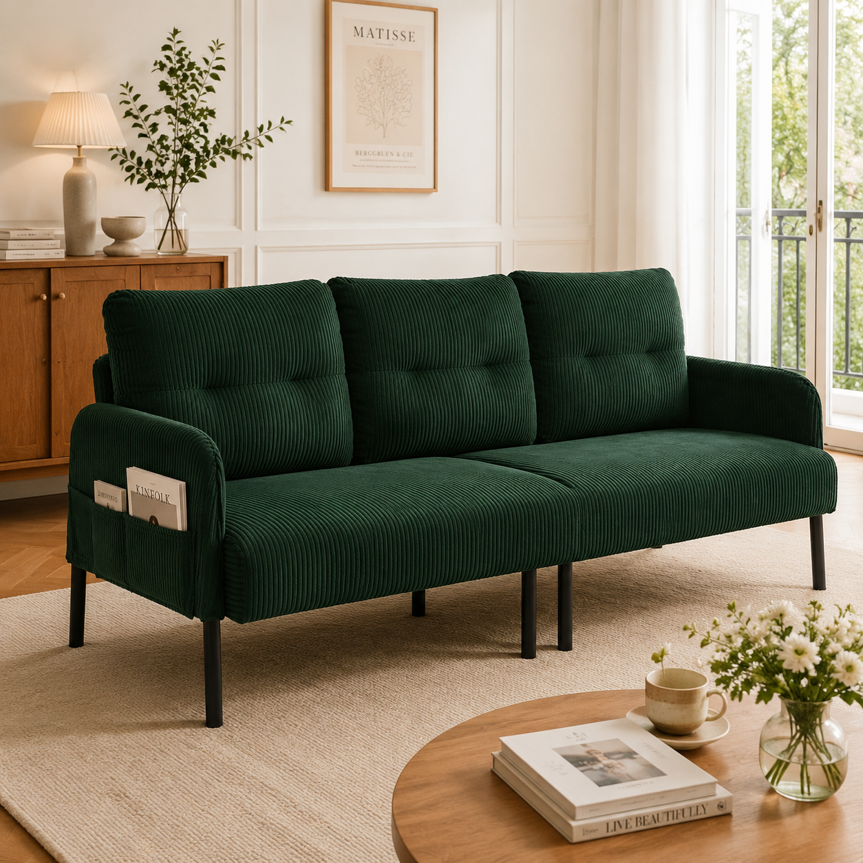Canapé 3 places en velours côtelé vert émeraude avec poches latérales et structure métallique stable