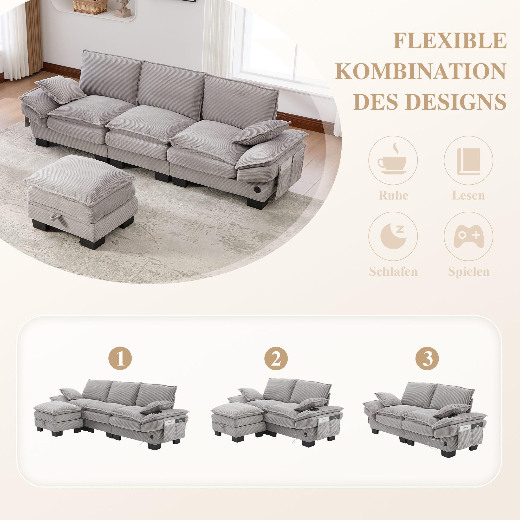 Canapé d'angle modulable 3 places en velours côtelé gris clair avec hocker, USB-C et rangement