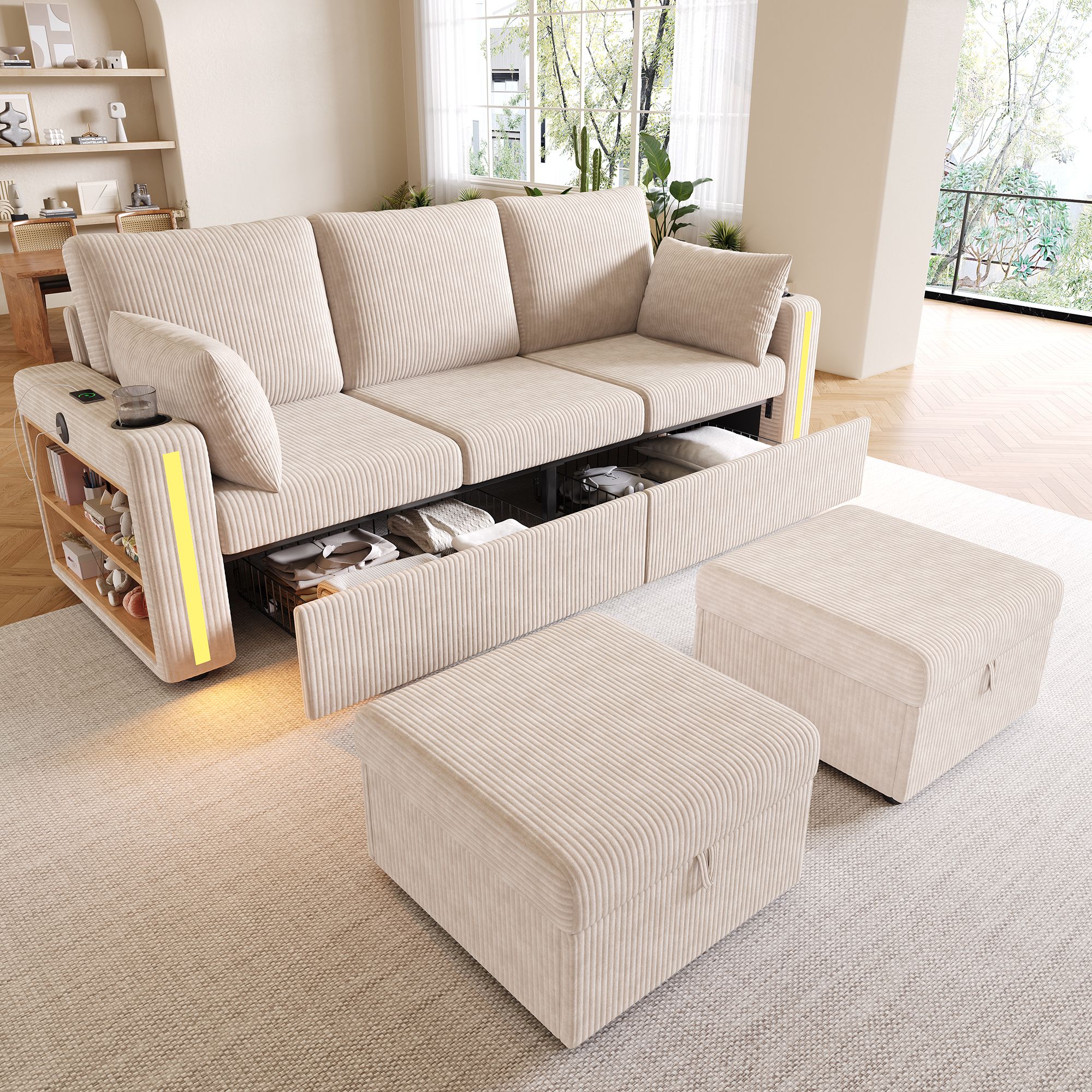 Canapé en Tissu Côtelé Beige Structure Métal Bois Massif Mousse Haute Densité avec Accoudoirs Fonctionnels