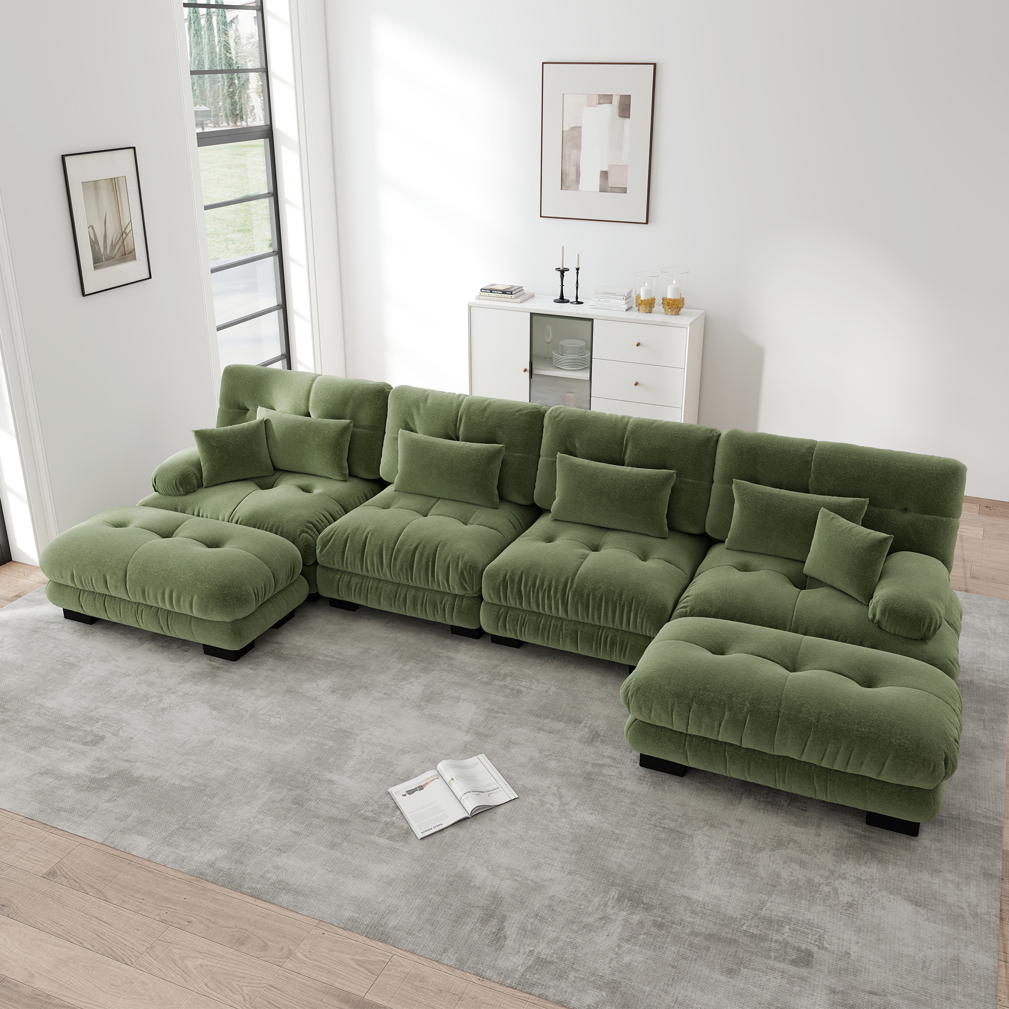Canapé Cloud Vert 4 Places, Canapé Modulable En Chenille Avec Ottoman Mobile, Design Moderne Pour Salon Spacieux
